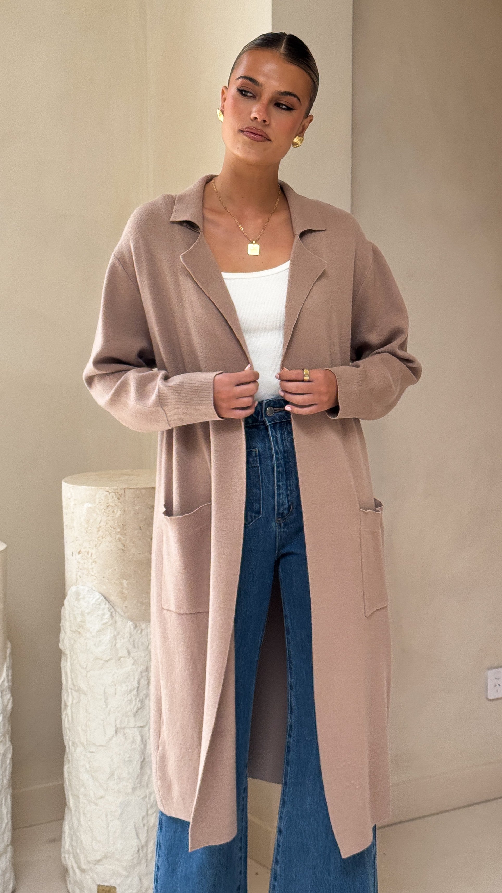 Kira Coatigan Women's Knitted Cardigan Sweater - Soft Stone Color, Cozy Long Open Front Wrap for Fall & Winter | Perfect for Office, Casual Outings & Lounge Wear