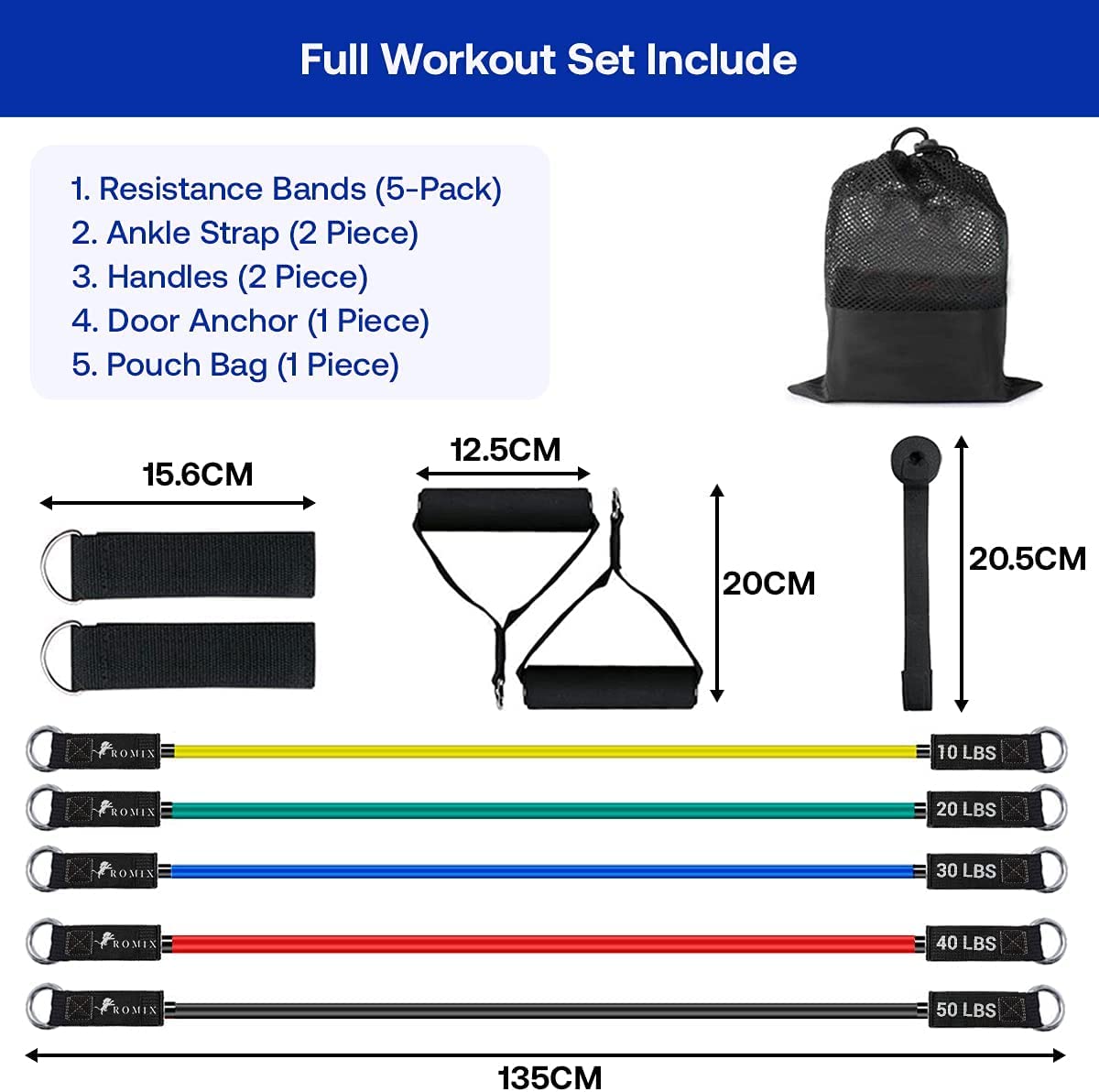 ROMIX 11-Piece Exercise Resistance Bands Set for Men & Women - Stackable Tubes Up to 150 lbs with Foam Handles, Door Anchor & Ankle Straps - Perfect for Home Gym, Indoor/Outdoor Workouts, Strength Training & Physical Therapy