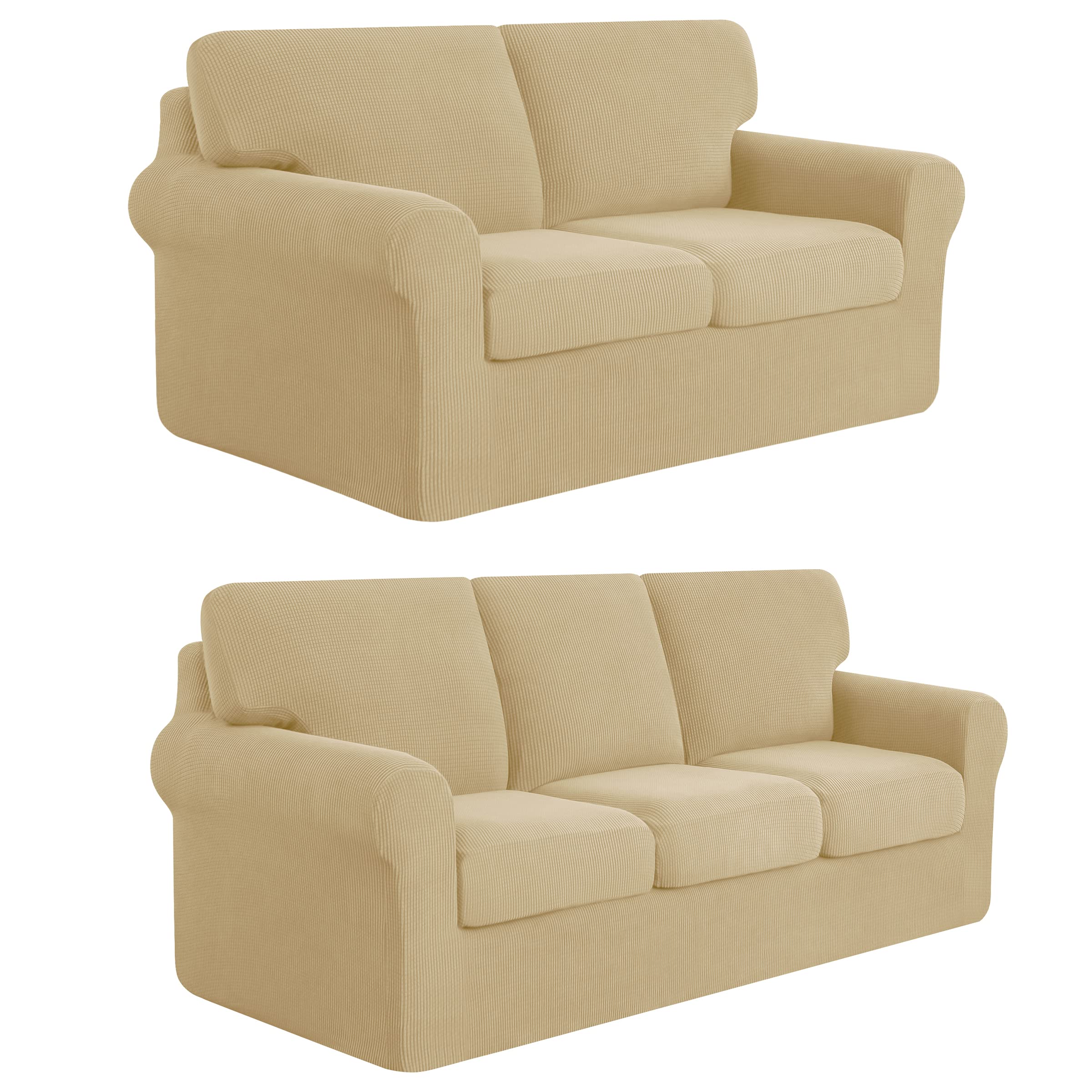 SUBRTEX 5-Piece Loveseat Cover & 7-Piece Sofa Cover Set - Stretchable Couch Slipcovers with Separate Backrest & Cushion Covers - Khaki Living Room Furniture Protector for Medium & Large Couches - Perfect for Home Decor, Pet Protection, and Daily Use
