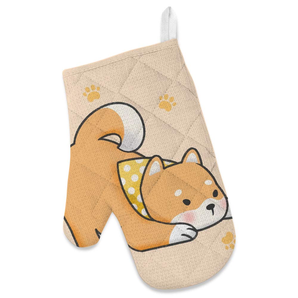 Kuizee 3-Piece Kitchen Apron Set with Cute Shiba Inu Design - Yellow Pot Holder, Oven Mitts & Cooking Apron for Baking, BBQ & Home Cooking | Perfect Gift for Chefs & Home Cooks