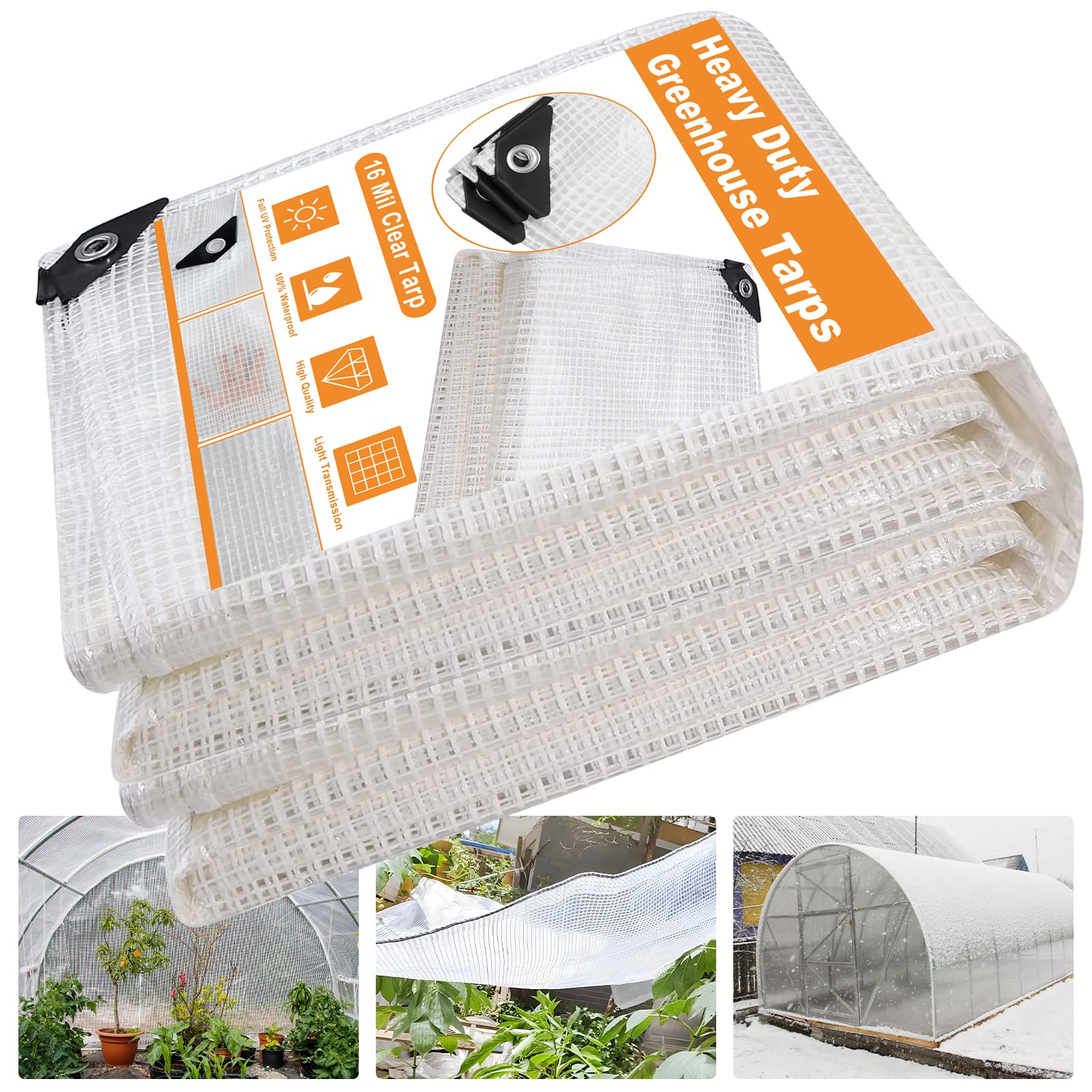 16 Mil Clear Heavy Duty Waterproof Greenhouse Cover - 18x24FT UV Resistant Poly Plastic Tarp with Grommets for Gardening, Farming, Nursery & Outdoor Use | Perfect for Plant Protection, Season Extension & Weatherproofing