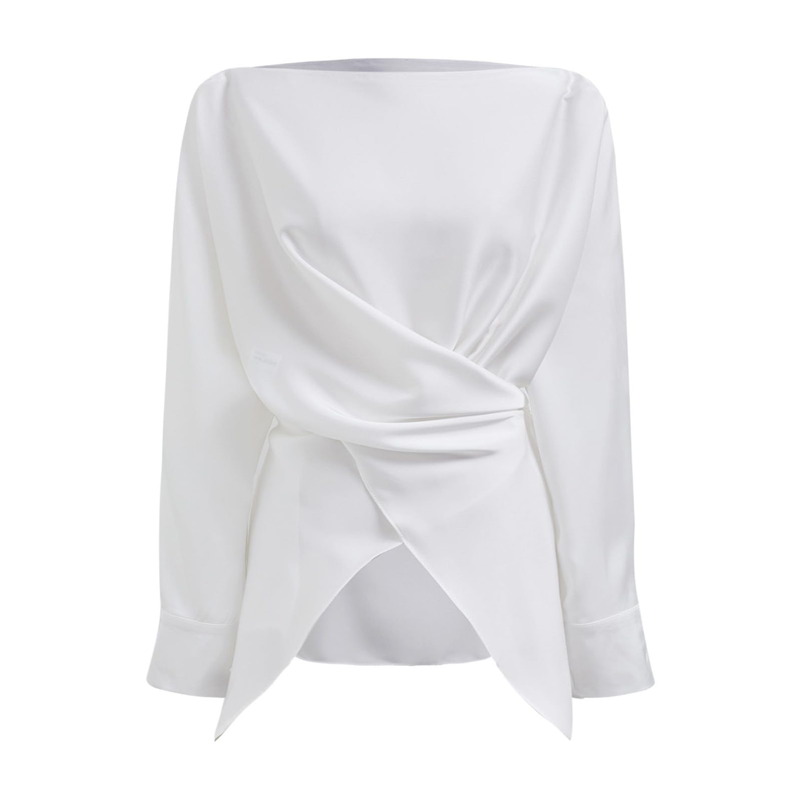 CHICWISH Women's Elegant Long Sleeve Satin Silk Blouse - Crisscross Waist Boat Neck Party Top for Work, Date Night & Special Occasions