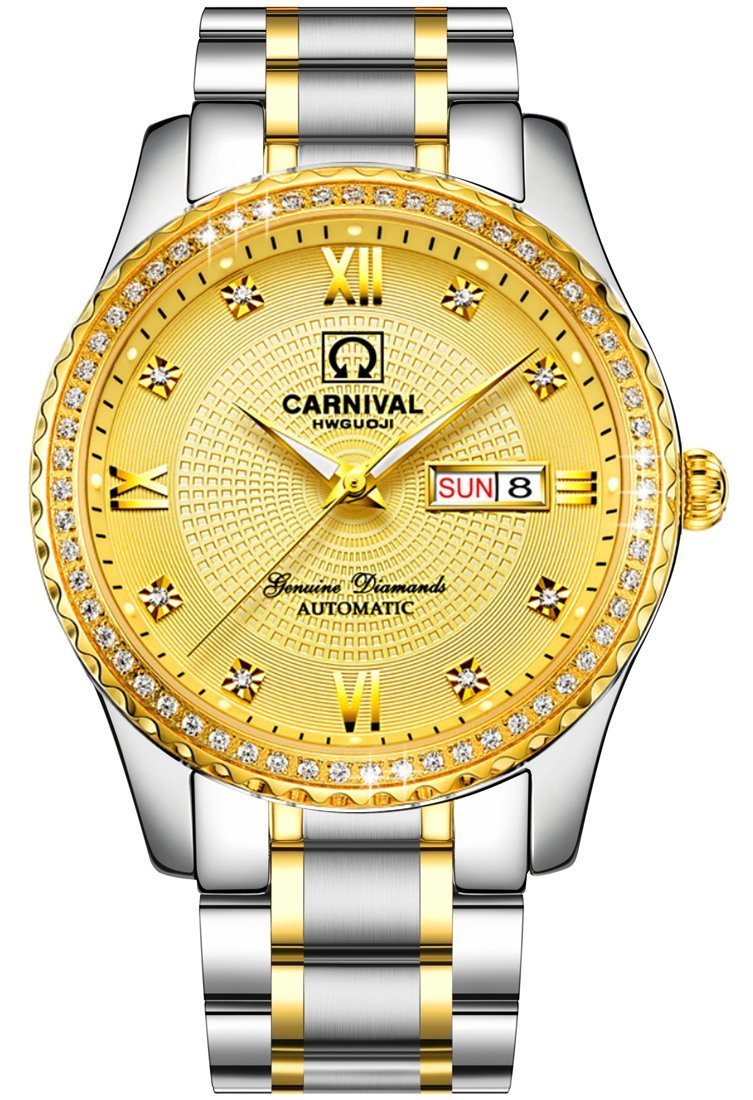Gosasa Swiss Made Men's Luxury Gold Watch - Automatic Analog Display with Calendar, Week Indicator & Luminous Hands - 18K Gold Plated Stainless Steel Diamond Watch for Business, Formal Events & Gifts