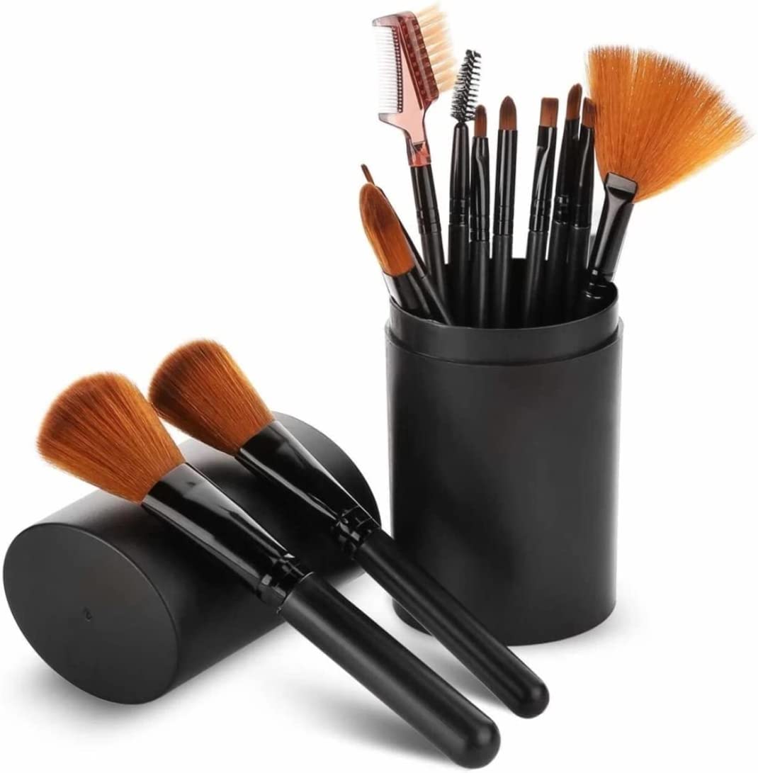 AIR BEAUTY Professional 12-Piece Makeup Brush Set - Foundation, Eyeshadow, Eyebrow, Eyeliner, Blush, Concealer & Contour Brushes with 6-in-1 Puff - Perfect for Everyday Makeup, Travel & Professional Use (Black)
