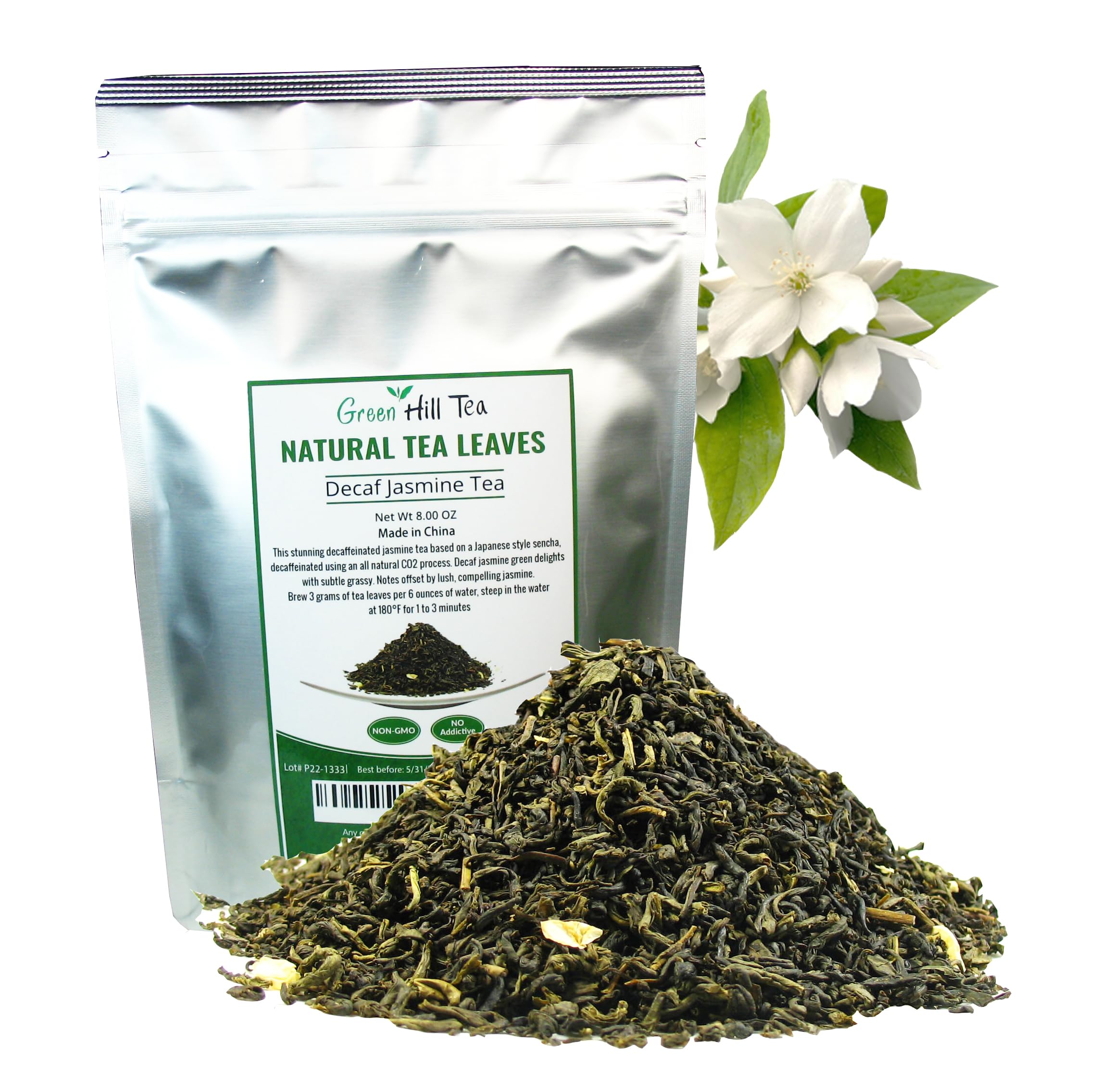 Organic Decaf Jasmine Green Tea - Naturally Caffeine-Free CO2 Processed, 8 Oz Resealable Bag - Perfect for Relaxation, Meditation & Evening Tea Time