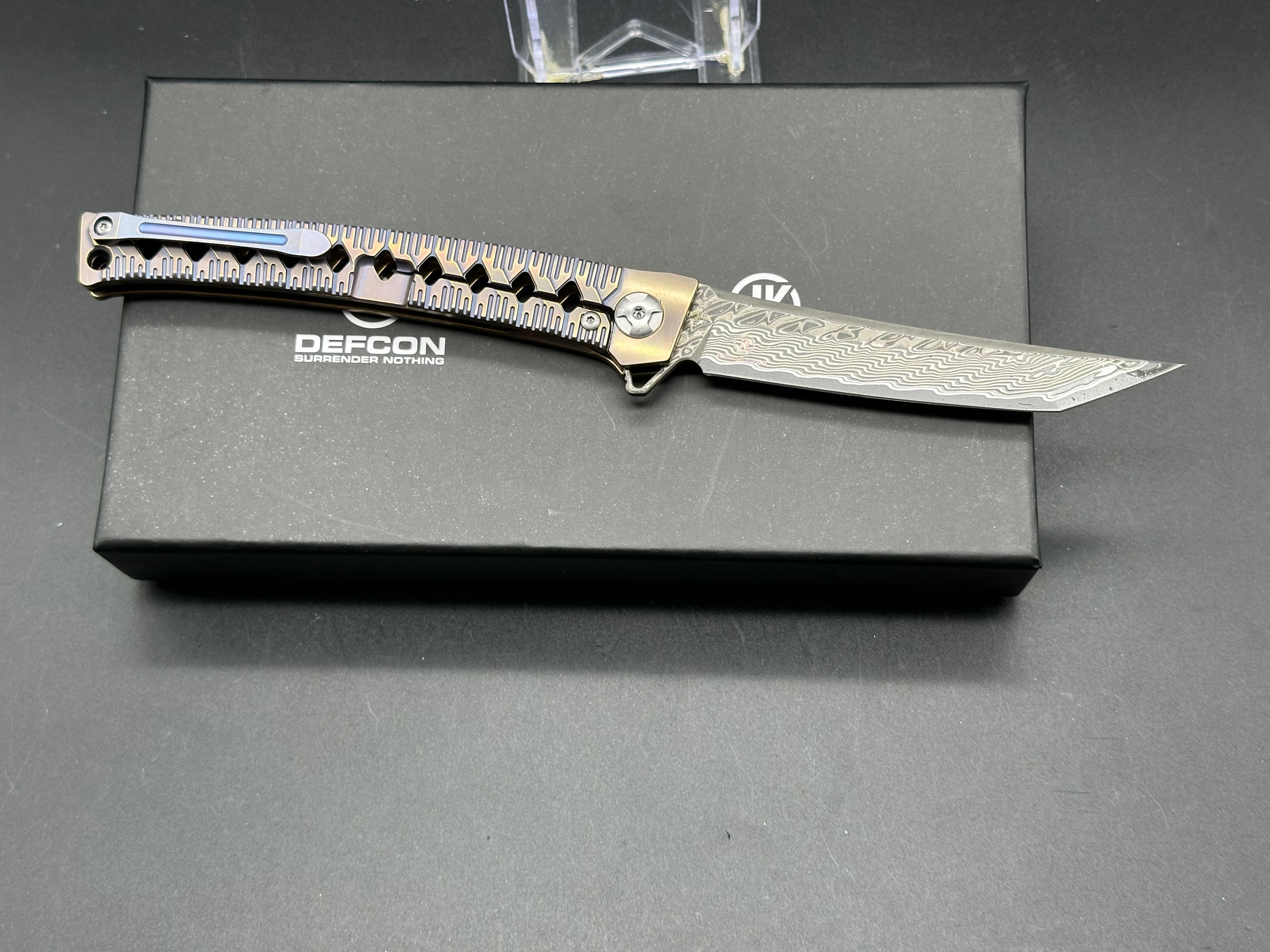 DEFCON JK Series Folding Knife - Damascus Steel Blade with Bronze Titanium Handle - EDC Pocket Knife for Camping, Hiking & Outdoor Survival