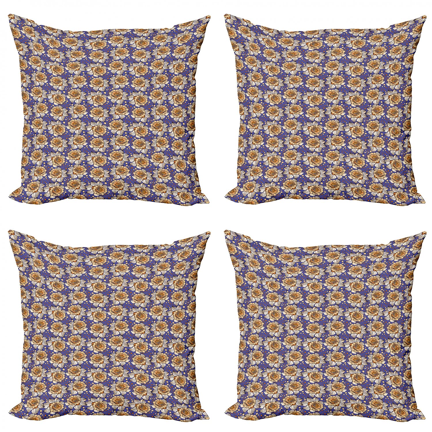 Ambesonne Floral Decorative Throw Pillow Covers Pack of 4 - 16 Inch Square Boho Cushion Covers with Bold Flower and Polka Dot Pattern in Dark Lavender & Orange - Perfect for Sofa, Living Room, Bedroom and Car Decor