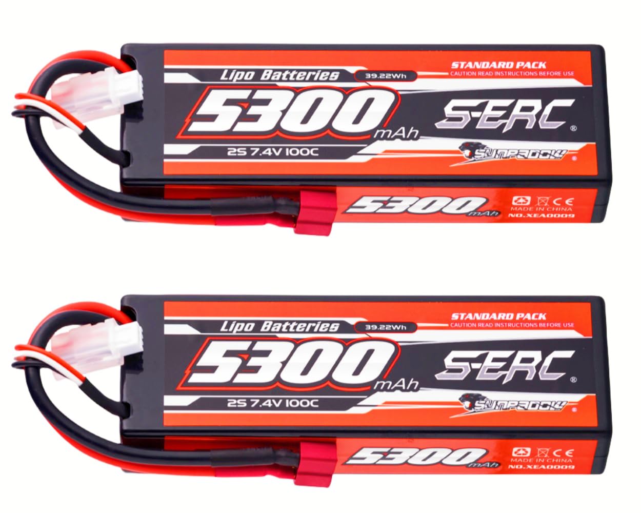 SUNPADOW 2S Lipo Battery 7.4V 5300mAh 100C Hard Case with Deans T Connector - Rechargeable RC Battery for RC Cars, Trucks, Buggies, Truggies and Tanks (2 Pack) - Perfect for High-Speed Racing, Off-Road Bashing and RC Vehicle Power Supply