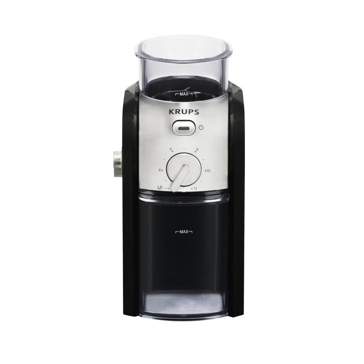 KRUPS GVX212 8-Ounce Stainless Steel Flat Burr Coffee Grinder with Adjustable Grind Size & Cup Selection - Perfect for Espresso, French Press & Drip Coffee Makers - Black