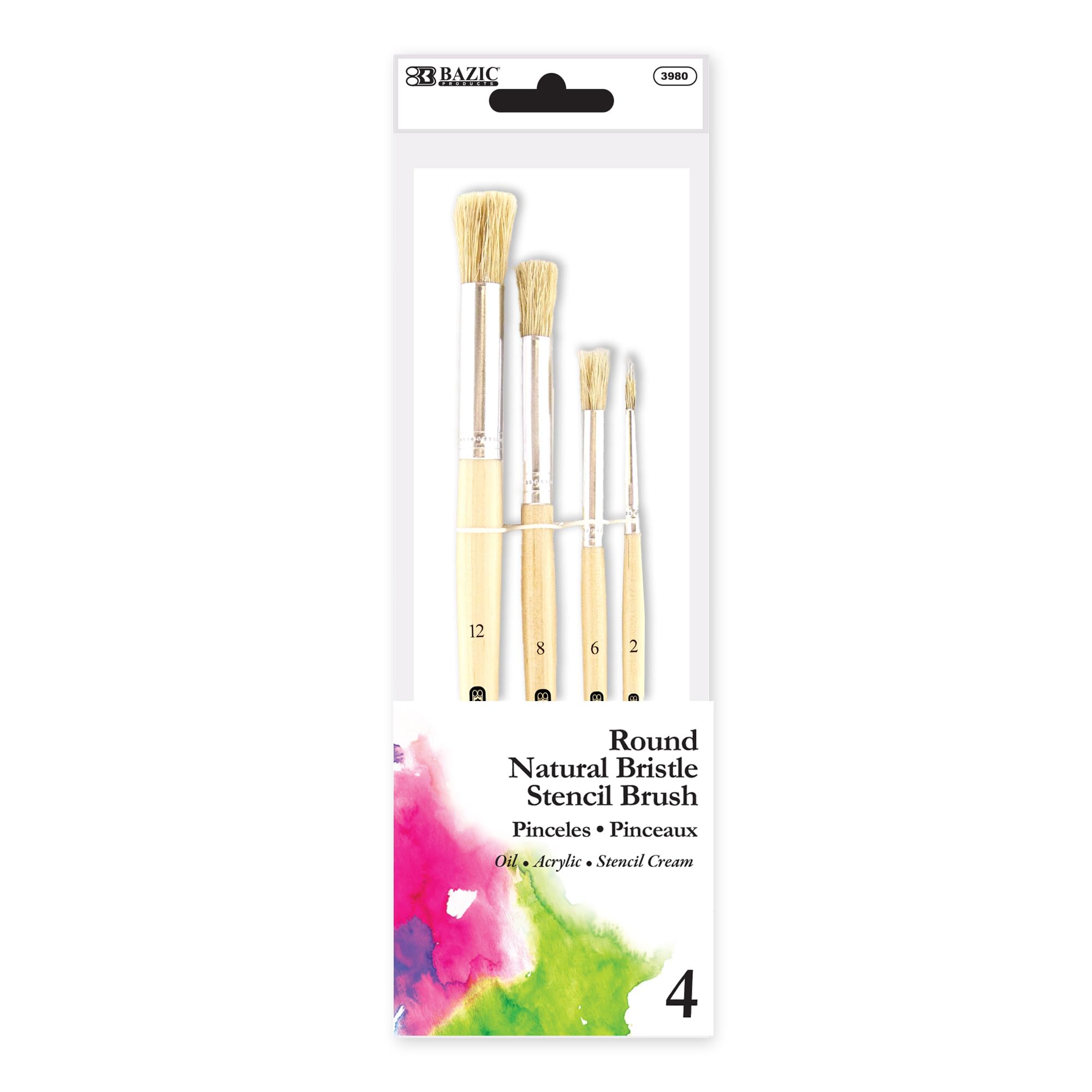 BAZIC 4-Pack Round Natural Bristle Paint Brushes Set for Acrylic, Oil, Watercolor & Gouache Painting - Professional Artist Brush Kit (144-Packs) - Perfect for Canvas Art, DIY Crafts & Home Decor Projects