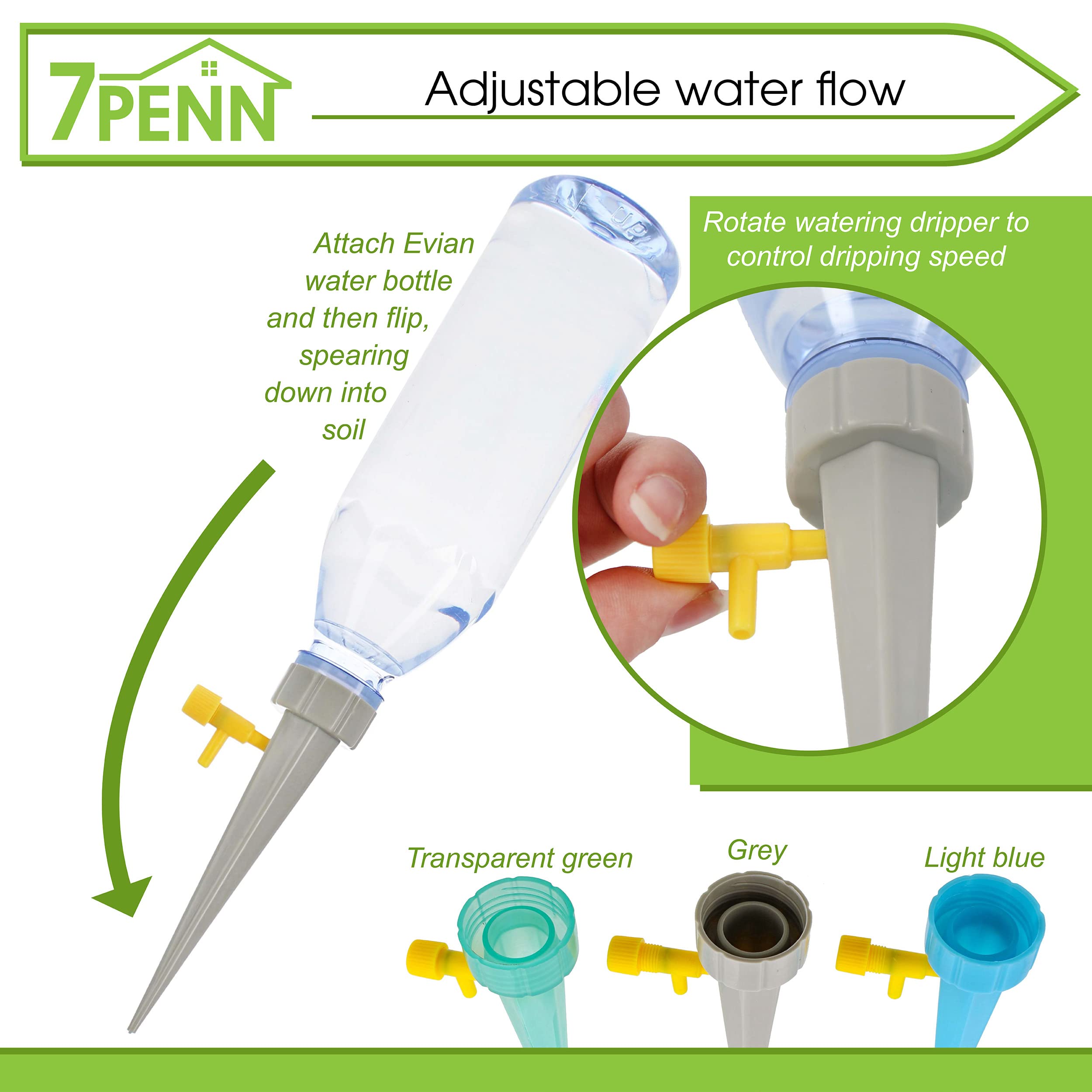 7Penn Automatic Plant Waterer Stakes - 12 Pack Adjustable Self Watering Sticks with Dropper for Evian Water Bottles | Perfect for Indoor Plants, Vacation Care & Garden Irrigation