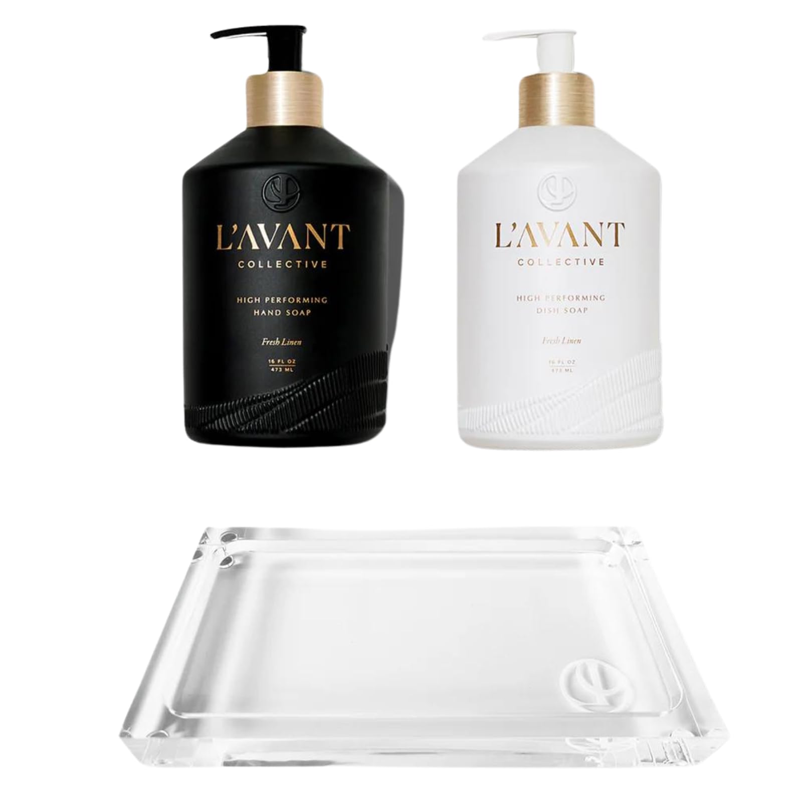 L'AVANT Collective Deluxe Dish & Hand Soap Duo Set with Elegant Lucite Tray - Plant-Based Formula, Fresh Linen Scent, Luxury Glass Bottles - Perfect for Kitchen, Bathroom & Hostess Gifts