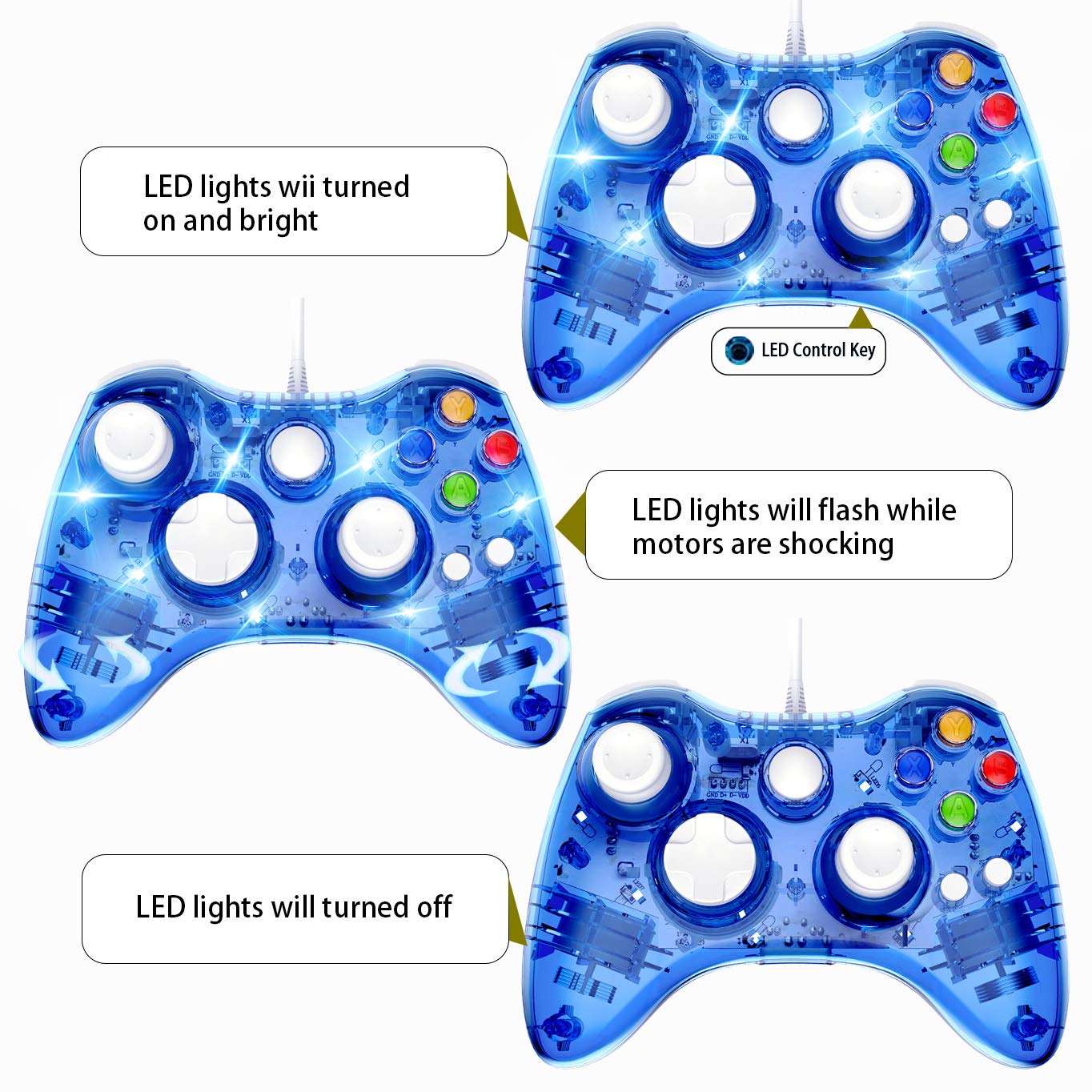 Upgraded Wired Xbox 360 Controller with LED - PC & Xbox 360 Compatible for Gaming (Blue)