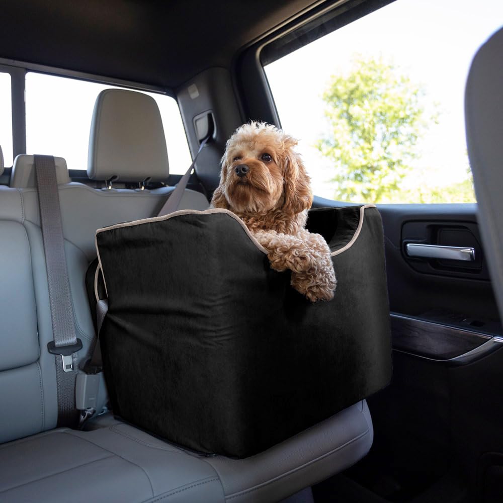 Snoozer Lookout Dog Booster Car Seat for Small Dogs 5-15 lbs - Pet Travel Safety Seat with Harness Strap to Prevent Car Sickness - Black Removable & Machine Washable Cover - Perfect for Road Trips & Vet Visits