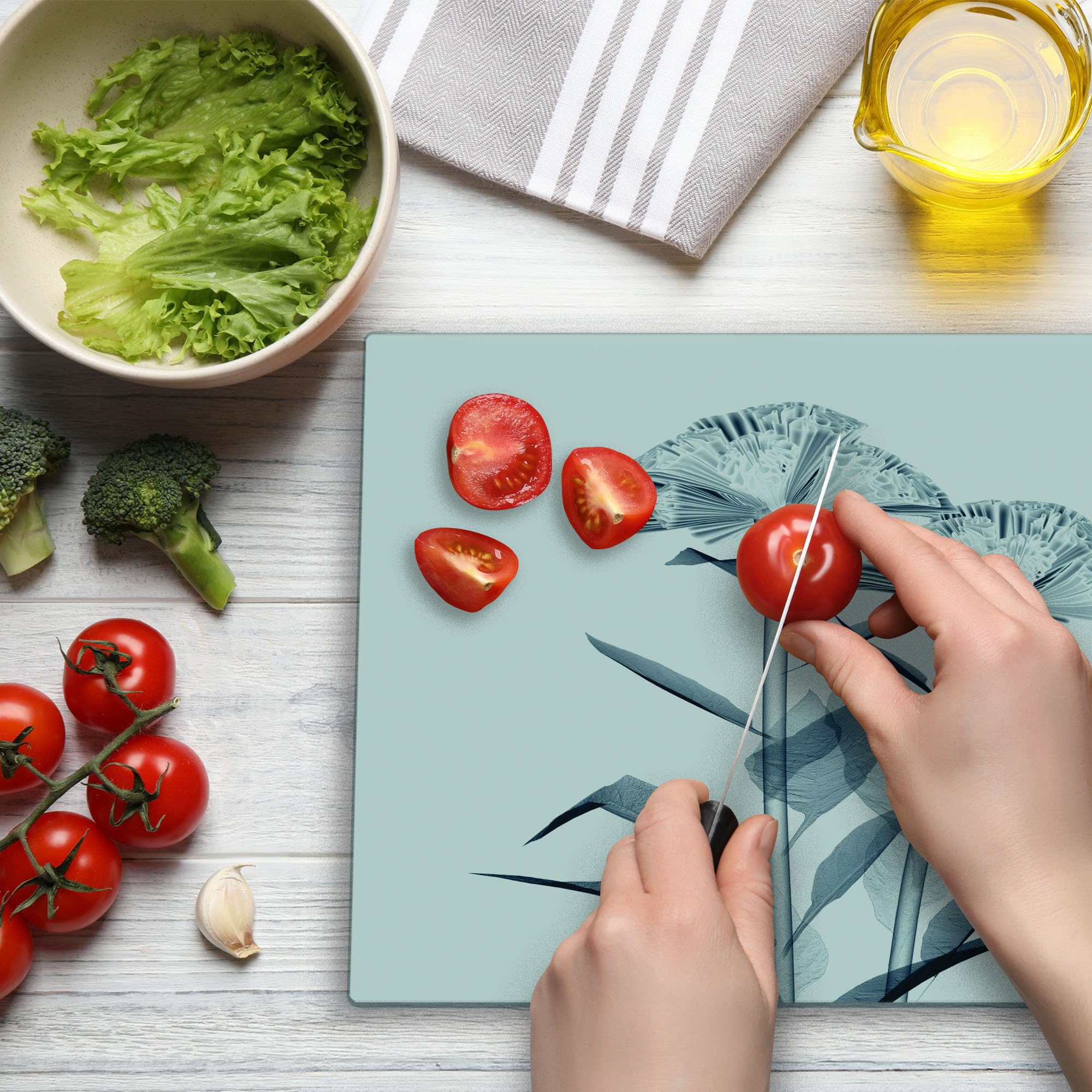 Ambesonne Floral X-Ray Cutting Board - Tempered Glass Serving Tray with Unique Flower Radiography Design, Large Teal & White Decorative Board for Kitchen, Dining & Gift Giving