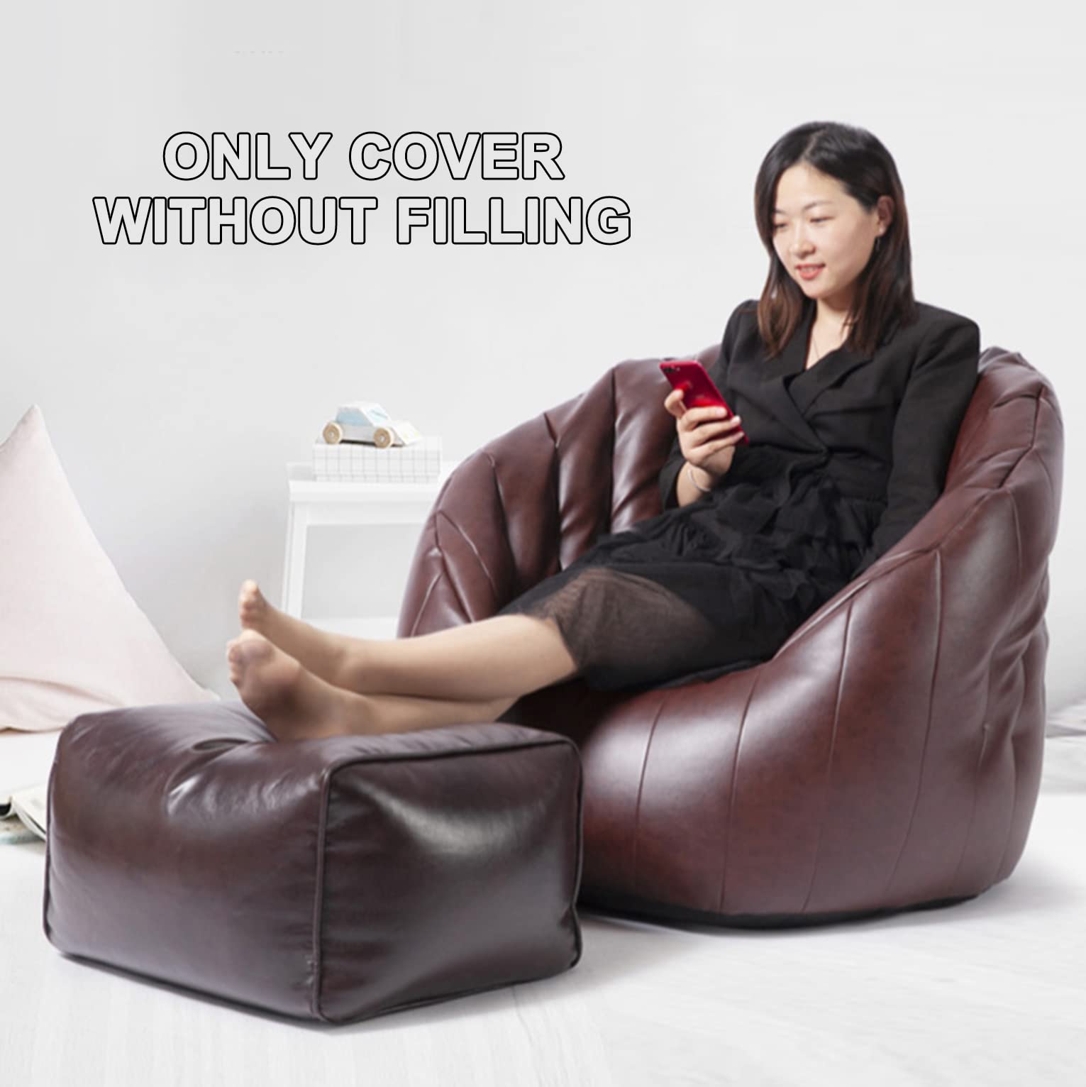 Waterproof PU Bean Bag Chair Cover - Indoor & Outdoor Recliner Sofa Slipcover for Adults & Kids (No Filling, Beige) | Perfect for Living Rooms, Dorms, Patios & Game Rooms