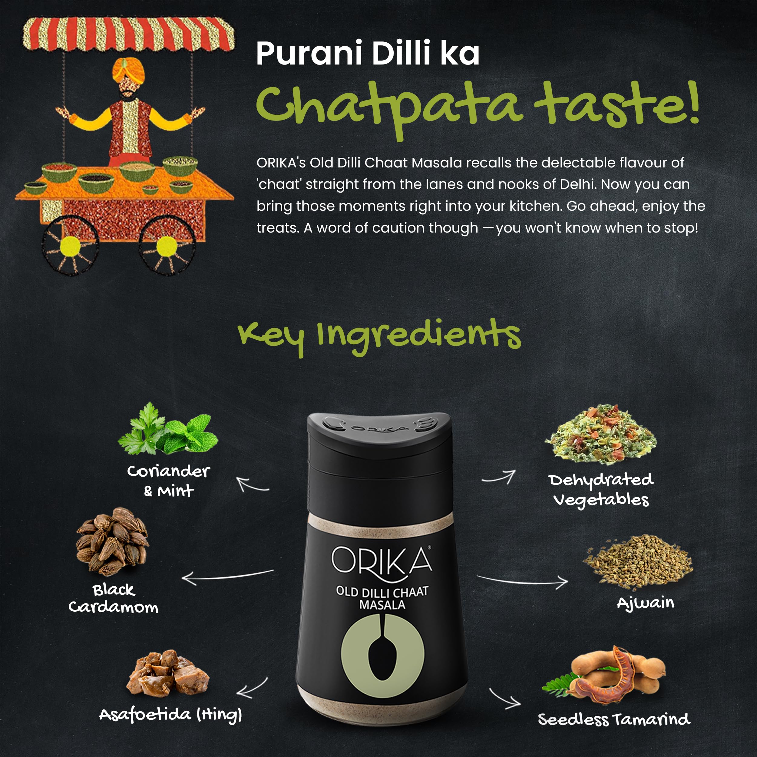 Orika Old Dilli Chat Masala - Premium Indian Spice Blend, 100% Pure Natural Seasoning for Chaat, Fruits, Salads & Snacks (90g) | Authentic Flavor Enhancer for Street Food & Home Cooking