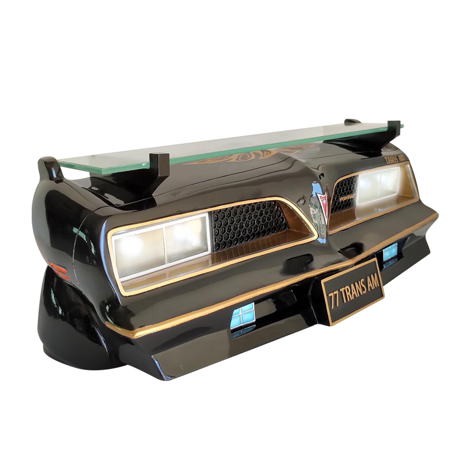 Sunbeltgifts 1977 SE Pontiac Trans AM Wall Floating Shelf - Black & Gold Tempered Glass Display with Battery-Powered LED Headlights (19x7.1x7.2 Inches) - Perfect Classic Car Decor for Pontiac Collectors & Auto Enthusiasts - Ideal for Man Cave, Garage, or Office Display