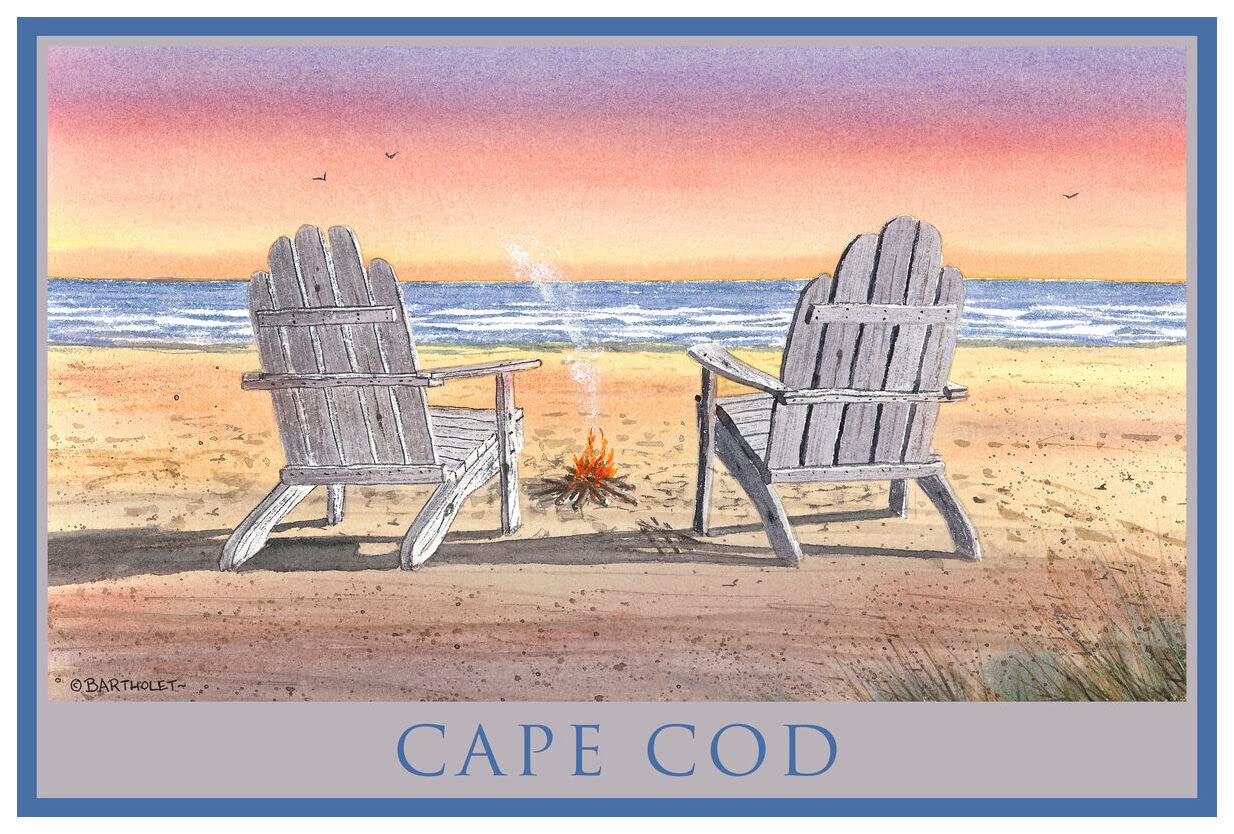 Premium Cape Cod Massachusetts Adirondack Chairs Beach Watercolor Art Print by Dave Bartholet - 12x18 Inch Coastal Decor for Living Room, Bedroom & Office Wall Art