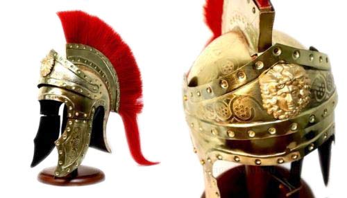 Roman Centurion Helmet - Medieval Knight Armor Costume with Red Plume & Gold Finish | Halloween Cosplay, Historical Reenactment, Theater Costume, Collectible Display