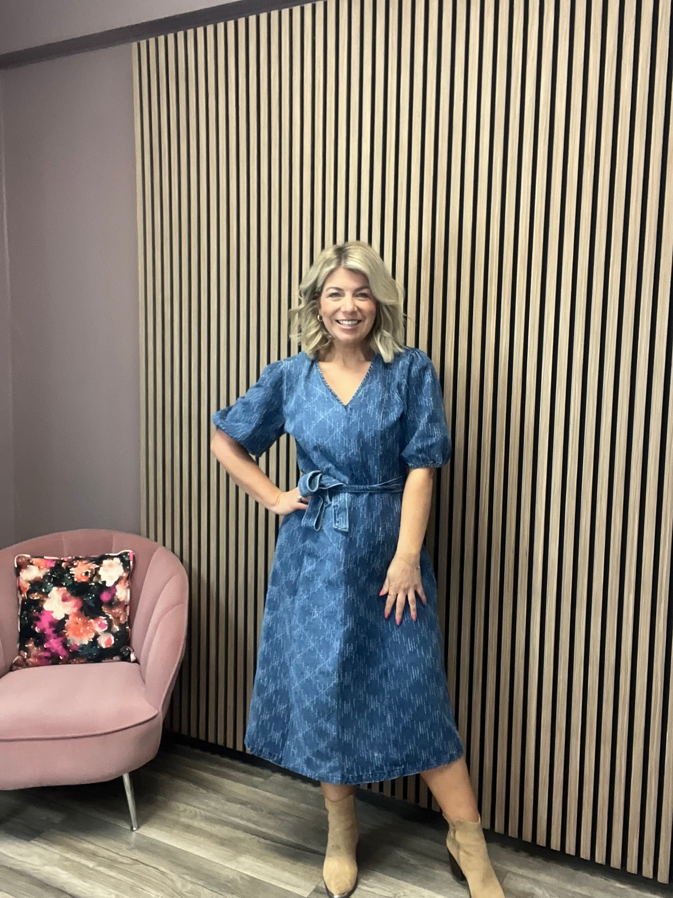 HASKI Women's Denim Midi Dress - Medium Blue Wash, Casual & Stylish for Everyday Wear, Office, or Date Night