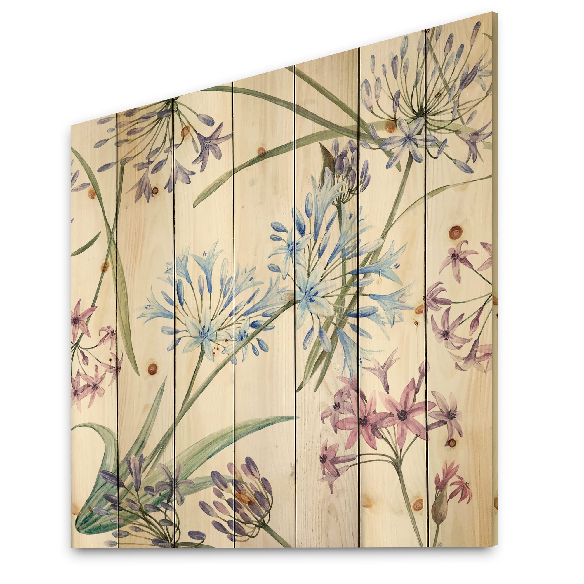 DesignQ Vibrant Summer Wildflowers Traditional Wood Wall Art - Handcrafted Blue Floral Pine Wood Panel Decor for Living Room, Bedroom & Office