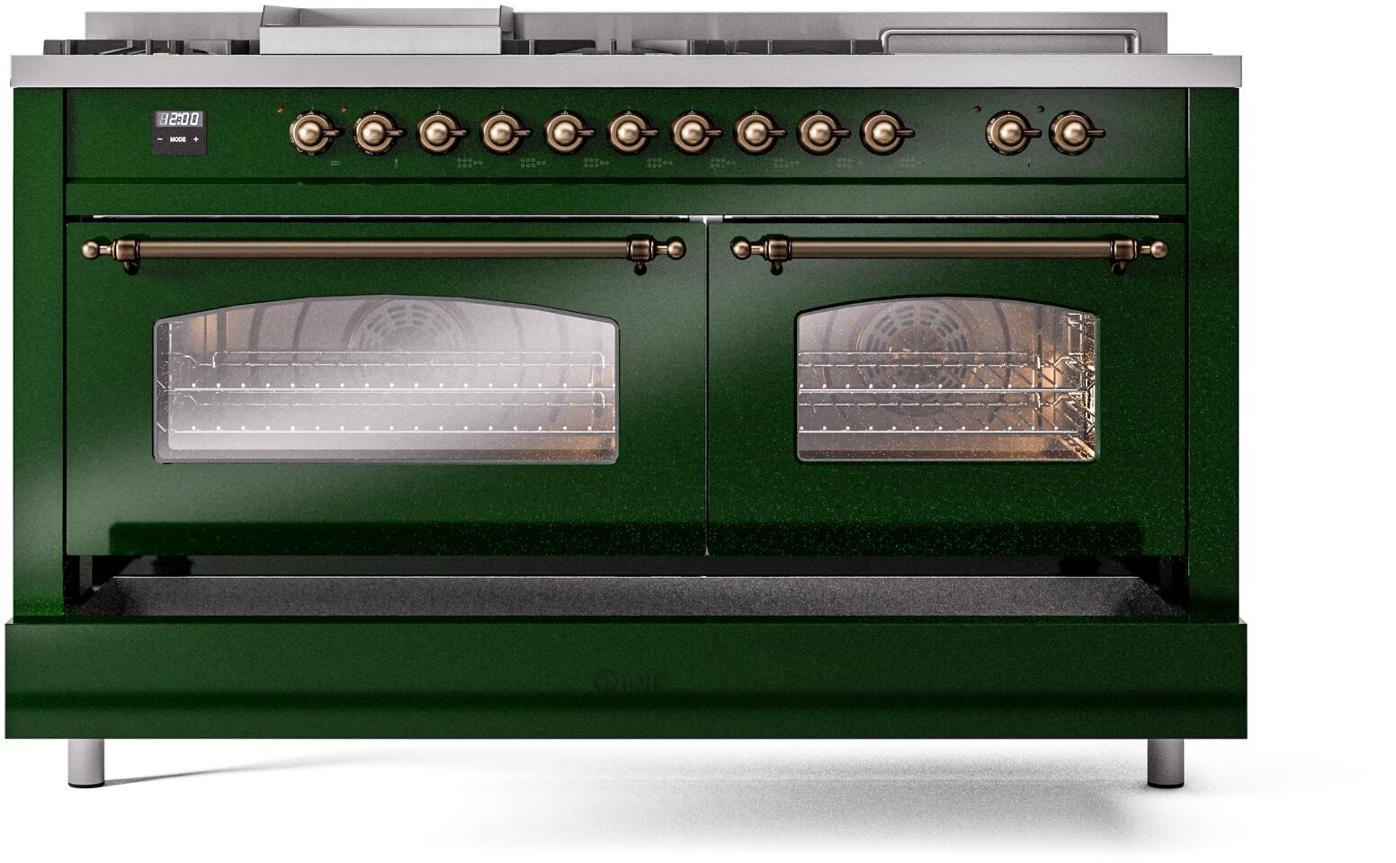ILVE Nostalgie II 60-Inch Dual Fuel Natural Gas Range - Emerald Green with Bronze Trim (UP60FSNMPEGB) | Professional Kitchen Appliance for Home Chefs & Culinary Enthusiasts