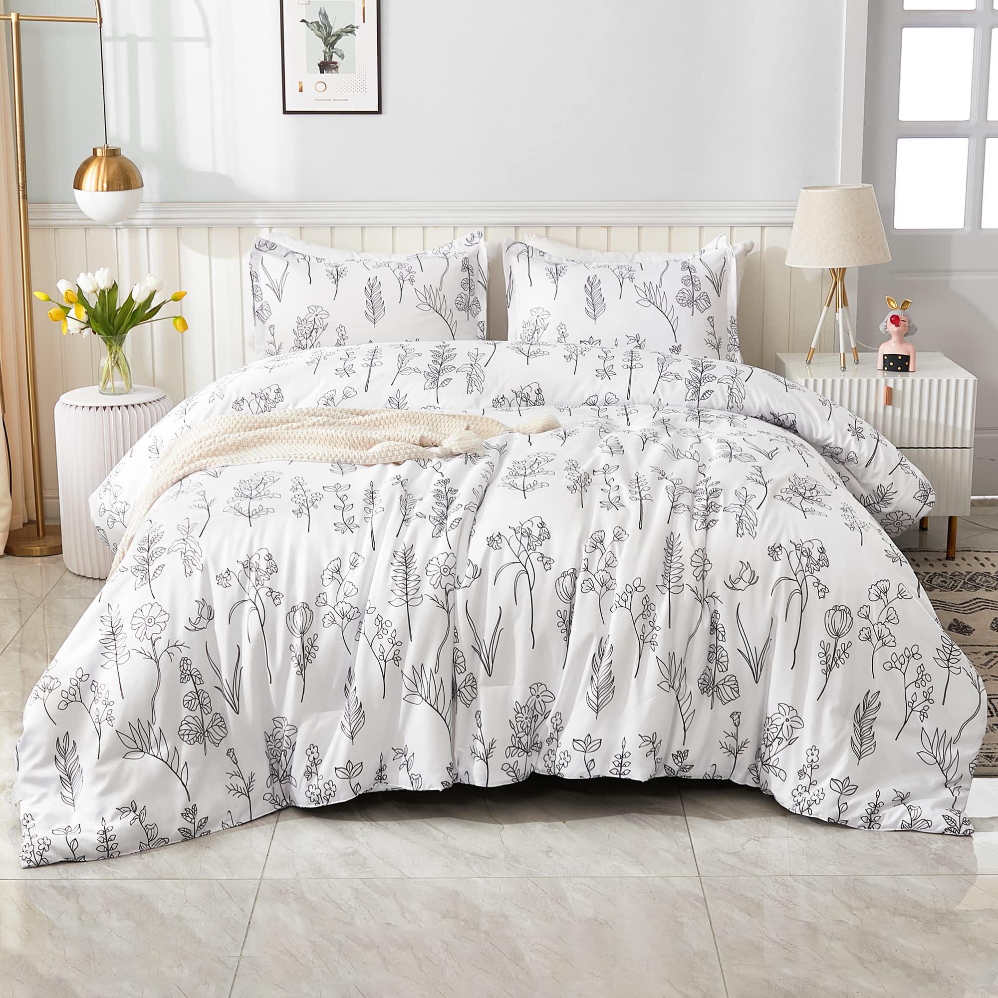 Litanika Queen Comforter Set - 3pc Floral Microfiber Bedding for All Seasons | Soft Lightweight Comforter & Pillowcases | Botanical Bedroom Decor