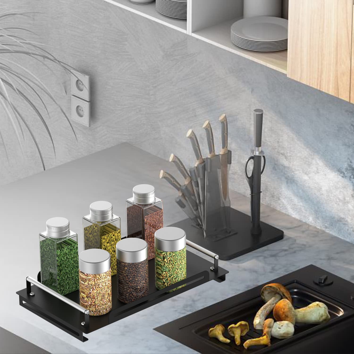Stainless Steel Black Bathroom Organizer Tray - Countertop Spice Rack & Cosmetic Storage Shelf for Kitchen, Living Room, Bedroom | Perfect for Vanity, Dressing Table & Bathroom Counter Organization