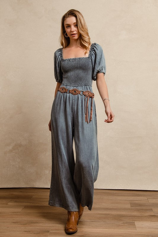 Women's Puff Sleeve Square Neck Denim Jumpsuit - Casual Chic Romper for Spring Summer Outfits | Perfect for Date Night, Brunch & Vacation