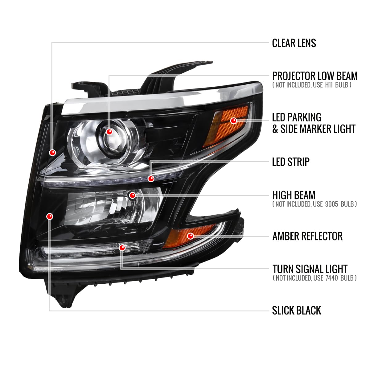 Black LED DRL Bar Projector Headlights for 2015-2020 Models - Left & Right Pair - Upgrade Your Car's Style & Visibility for Night Driving & Off-Road Adventures