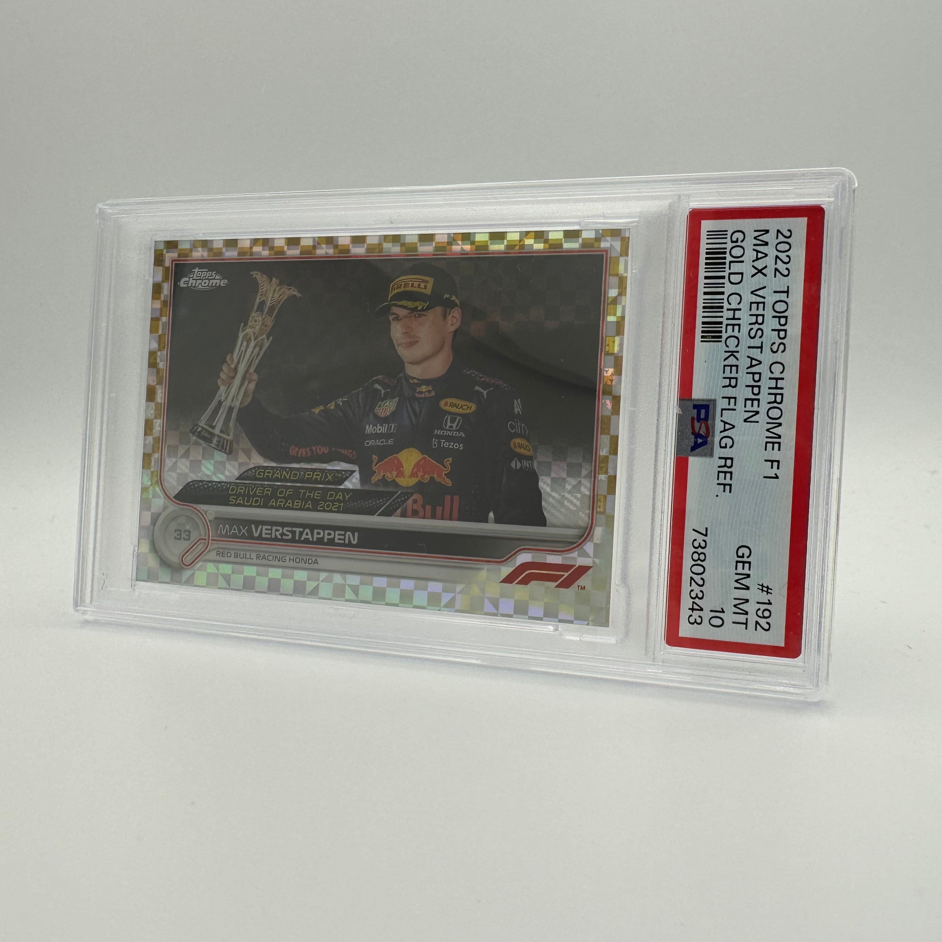 PSA 10 27/50 MAX VERSTAPPEN #192 GOLD CHECKER FLAG REFRACTOR - Rare Trading Card for Collectors & Sports Fans - Perfect for Display, Investment & Memorabilia Collections
