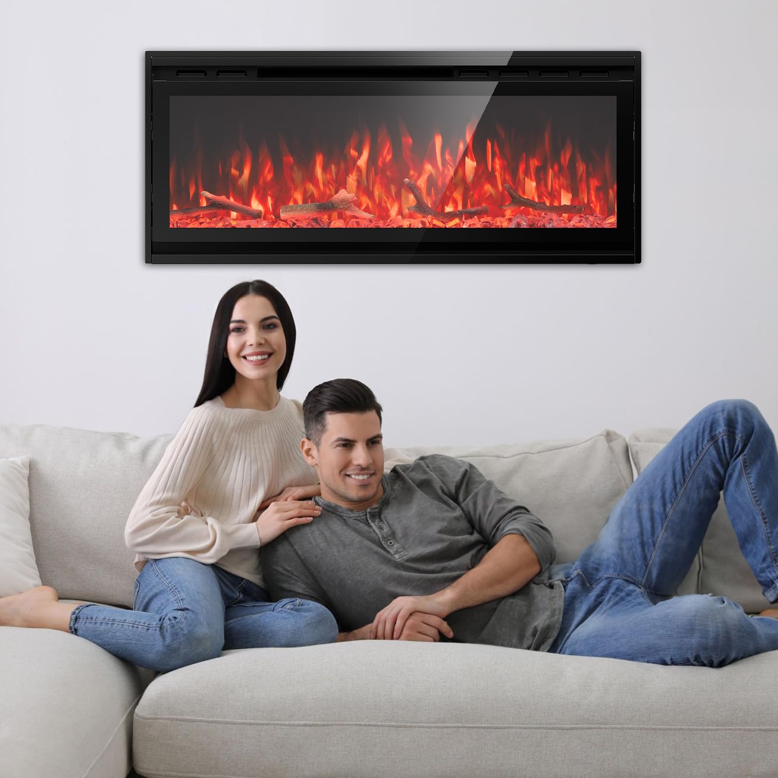 50 Inch Recessed Electric Fireplace with Remote - Wall Mounted Heater with Adjustable Flame Colors & Timer (750W/1500W) - Perfect for Living Room, Bedroom & Office - Black