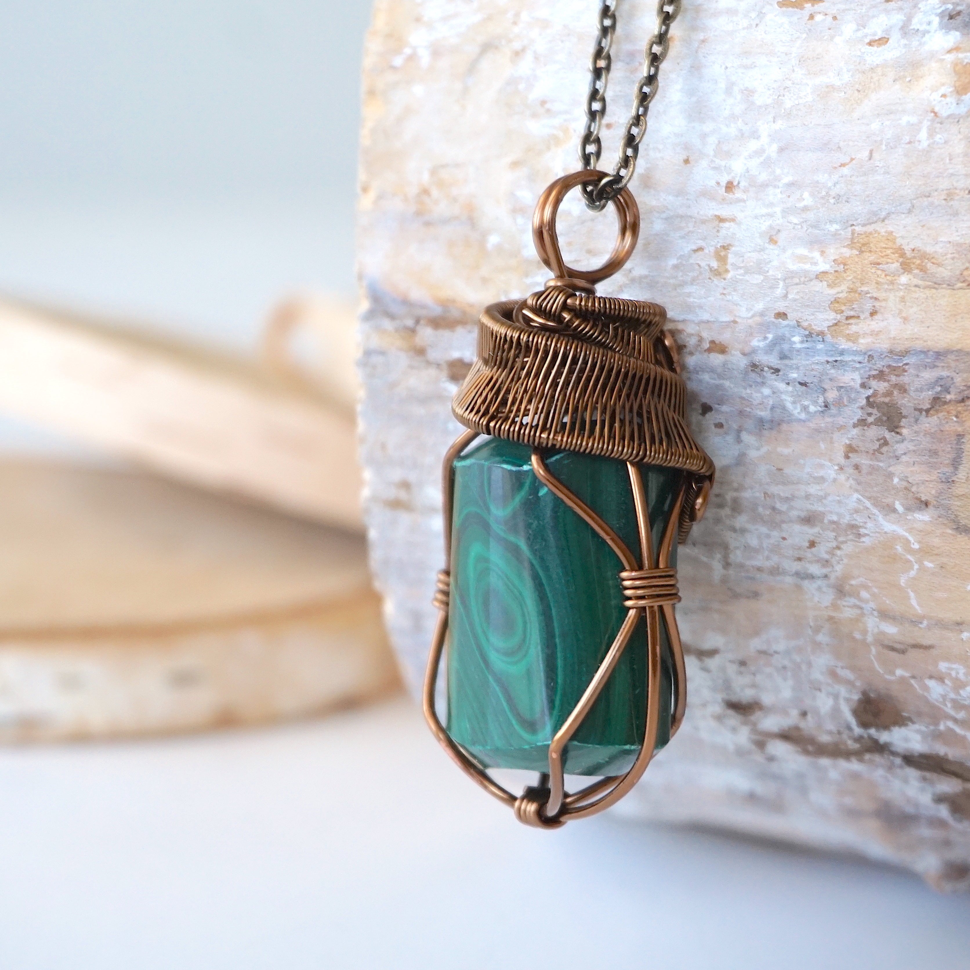 Raw Malachite Necklace with Antique Bronze Pendant - Natural Gemstone Jewelry for Women, Boho Chic Accessory | Perfect for Spiritual Healing, Meditation & Everyday Wear