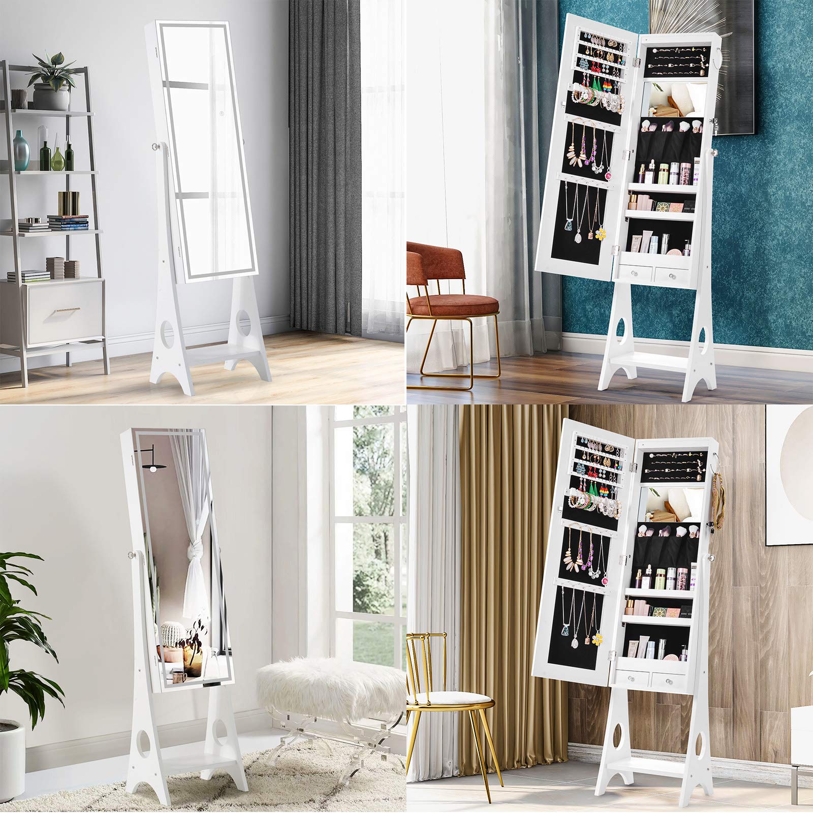 6 LED Jewelry Mirror Armoire Organizer - Lockable Standing Jewelry Cabinet with Full-Length Dressing Mirror, Large Storage Capacity & 3 Adjustable Angles, White - Perfect for Bedroom, Closet & Vanity Organization
