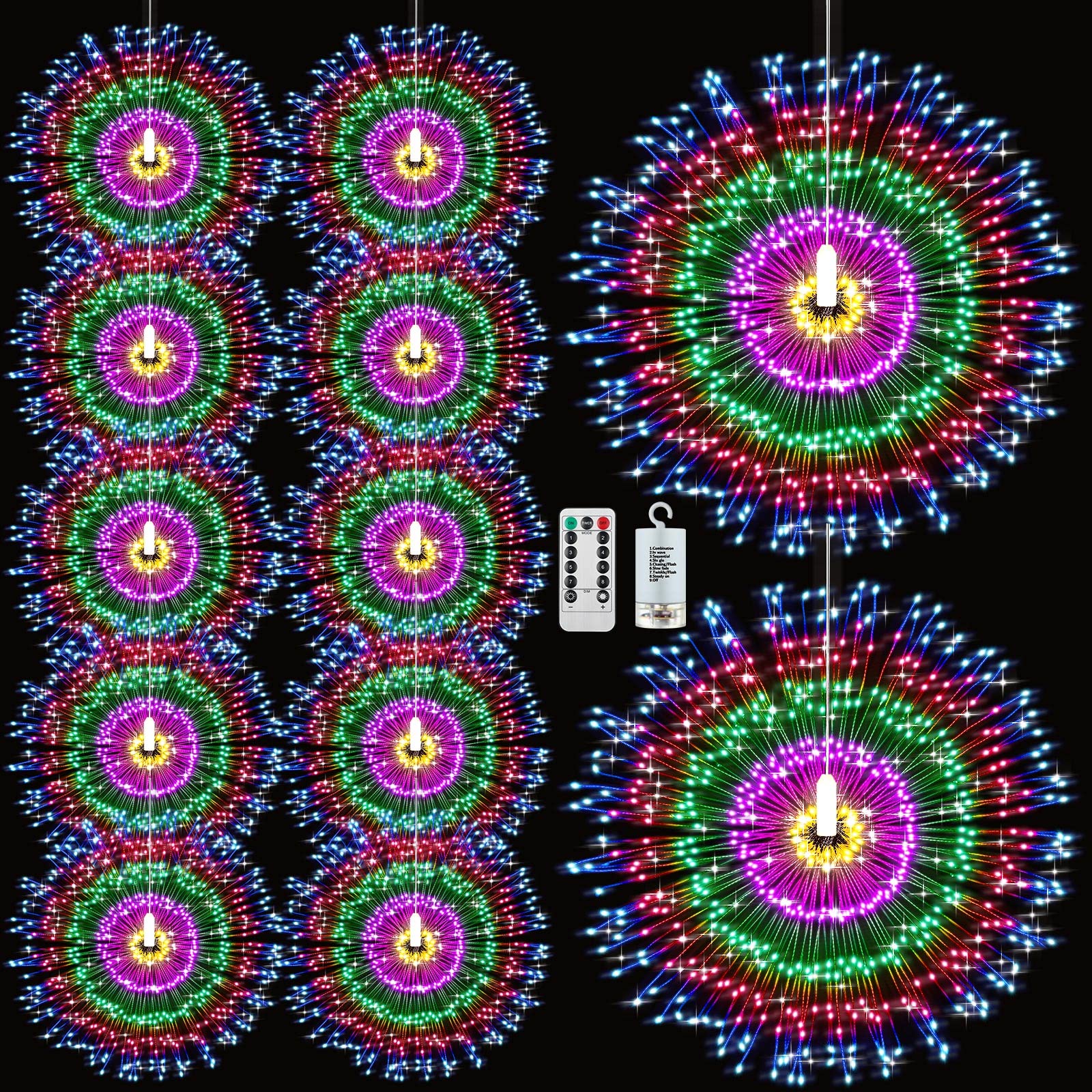12-Pack Starburst String Lights - 225 LED Firework Fairy Lights with Remote, 8 Lighting Modes, Battery Operated for Indoor/Outdoor Use - Perfect for Christmas, Parties, Patio, Garden, and Home Decor