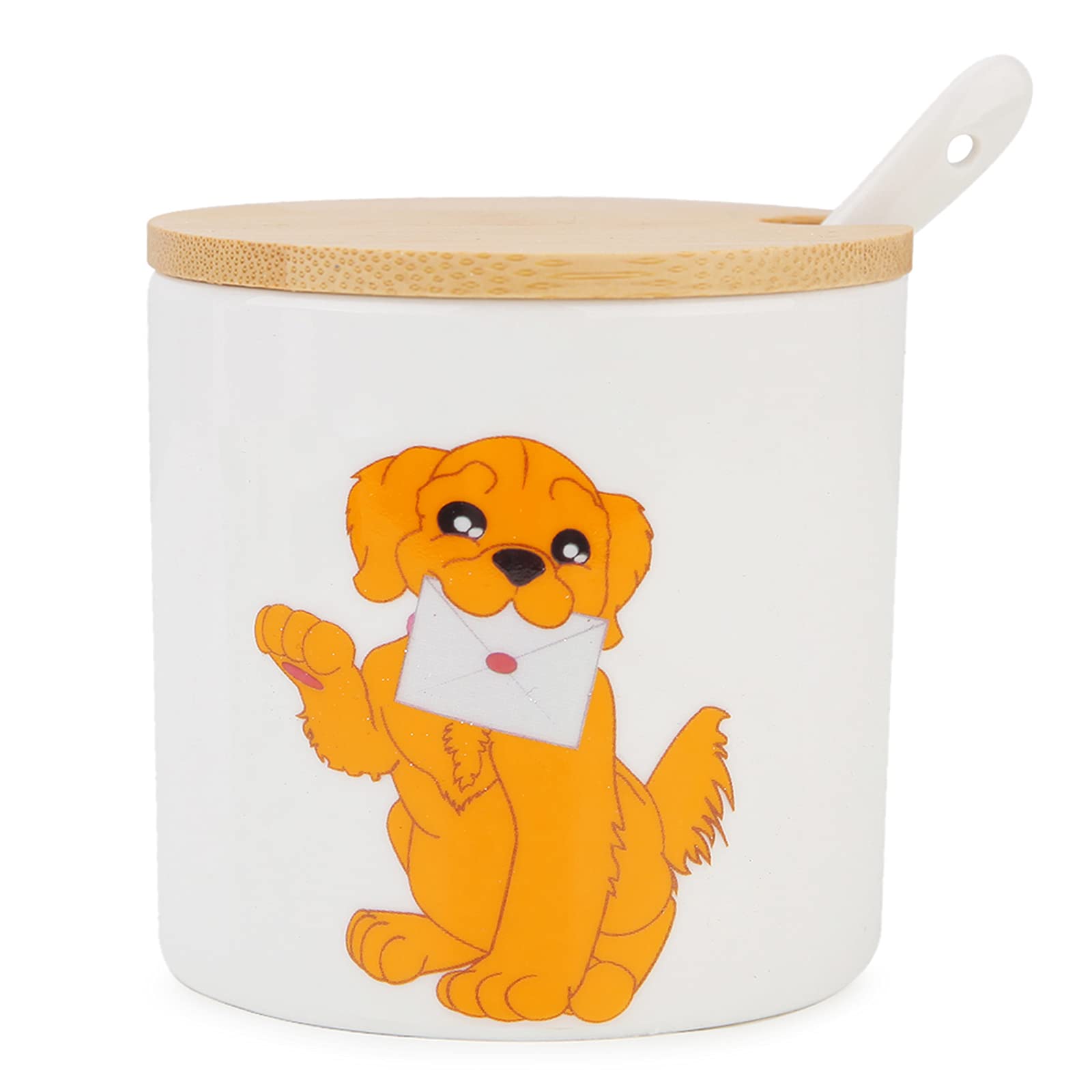 Ceramic Sugar Bowl with Wooden Lid & Stainless Steel Spoon - 9oz/266ml Dog Pattern Porcelain Sugar Container for Coffee, Tea & Baking | Perfect for Kitchen, Breakfast & Dog Lovers Gift | Home Decor & Coffee Bar Essential