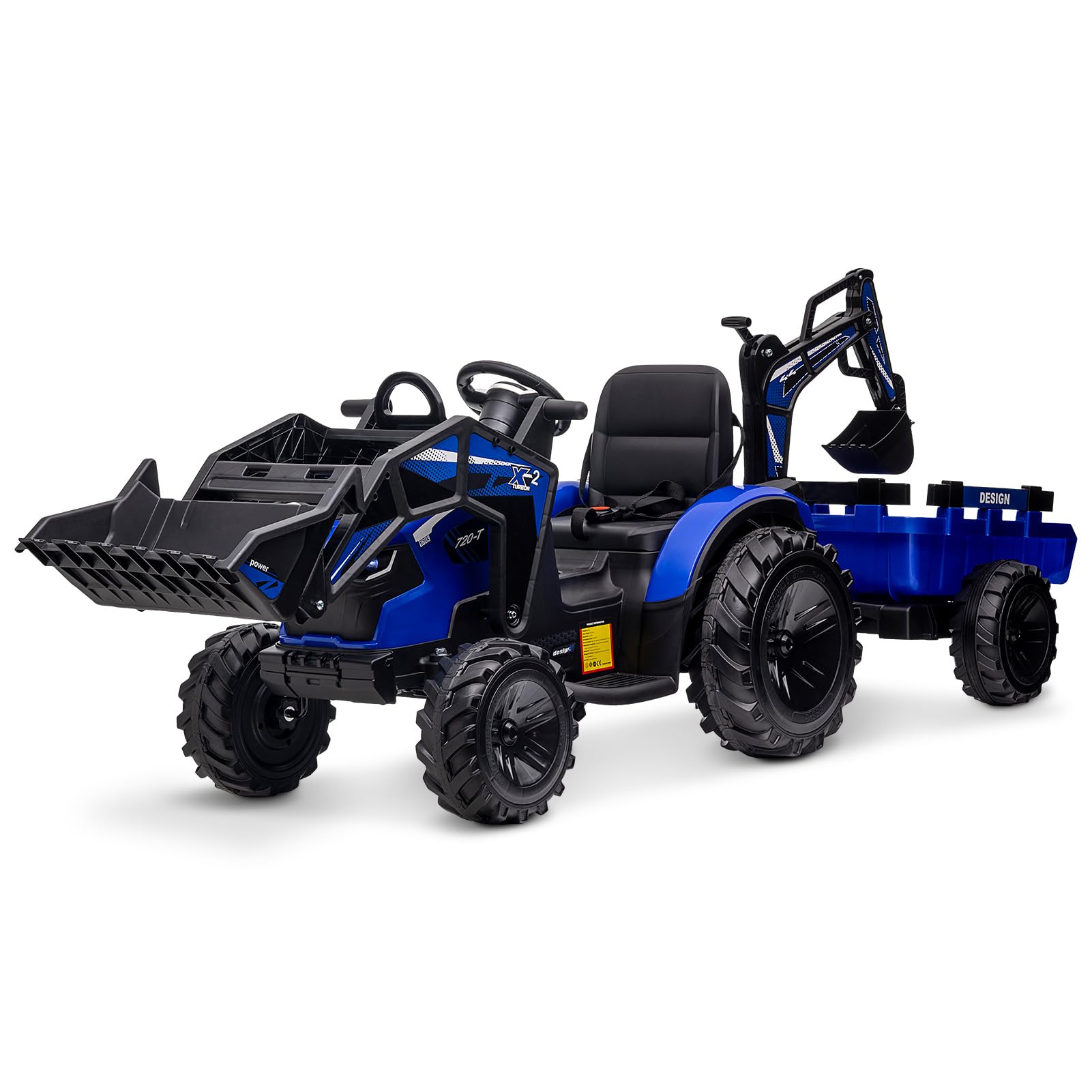 24V 3-in-1 Electric Kids Ride-On Tractor with Excavator & Bulldozer Attachments - Remote Control Toy Vehicle with Trailer, Digger Bucket, EVA Tires, LED Lights, Music & USB - Blue | Outdoor Play, Construction Pretend Play, Backyard Fun for Toddlers