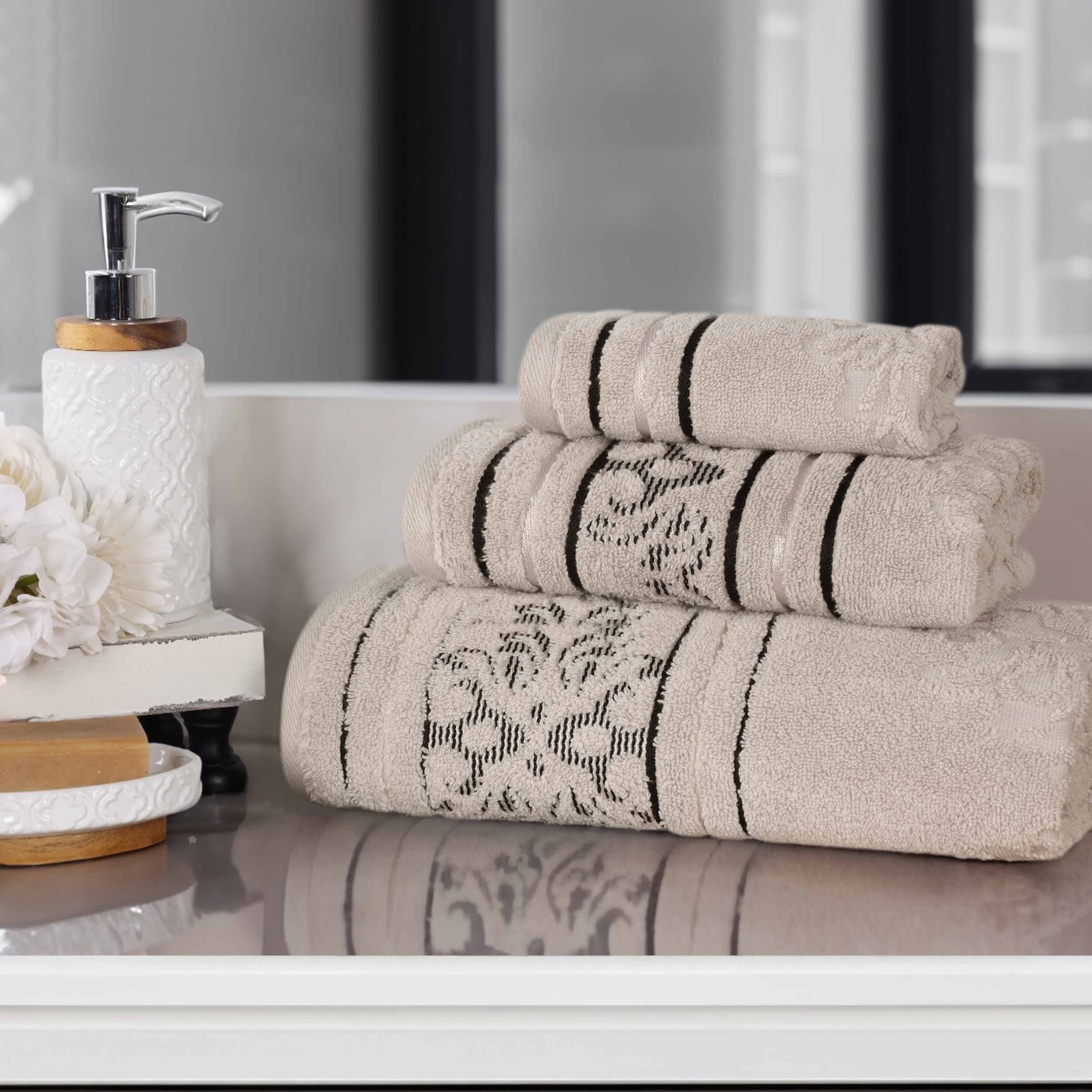 Premium Sadie Zero Twist Cotton 3-Piece Jacquard Towel Set with Elegant Floral Design - Soft Bath Towels for Spa, Guest Bathroom & Luxury Home Decor