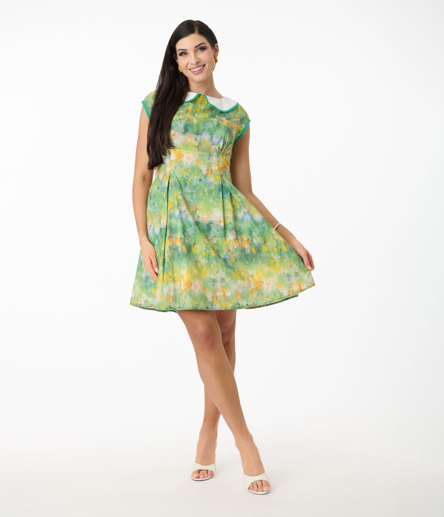 Smak Parlour Green Painted Fit & Flare Dress for Women - Vintage Style Garden Party Dress, Summer Wedding Guest Outfit, Tea Dress for Outdoor Events