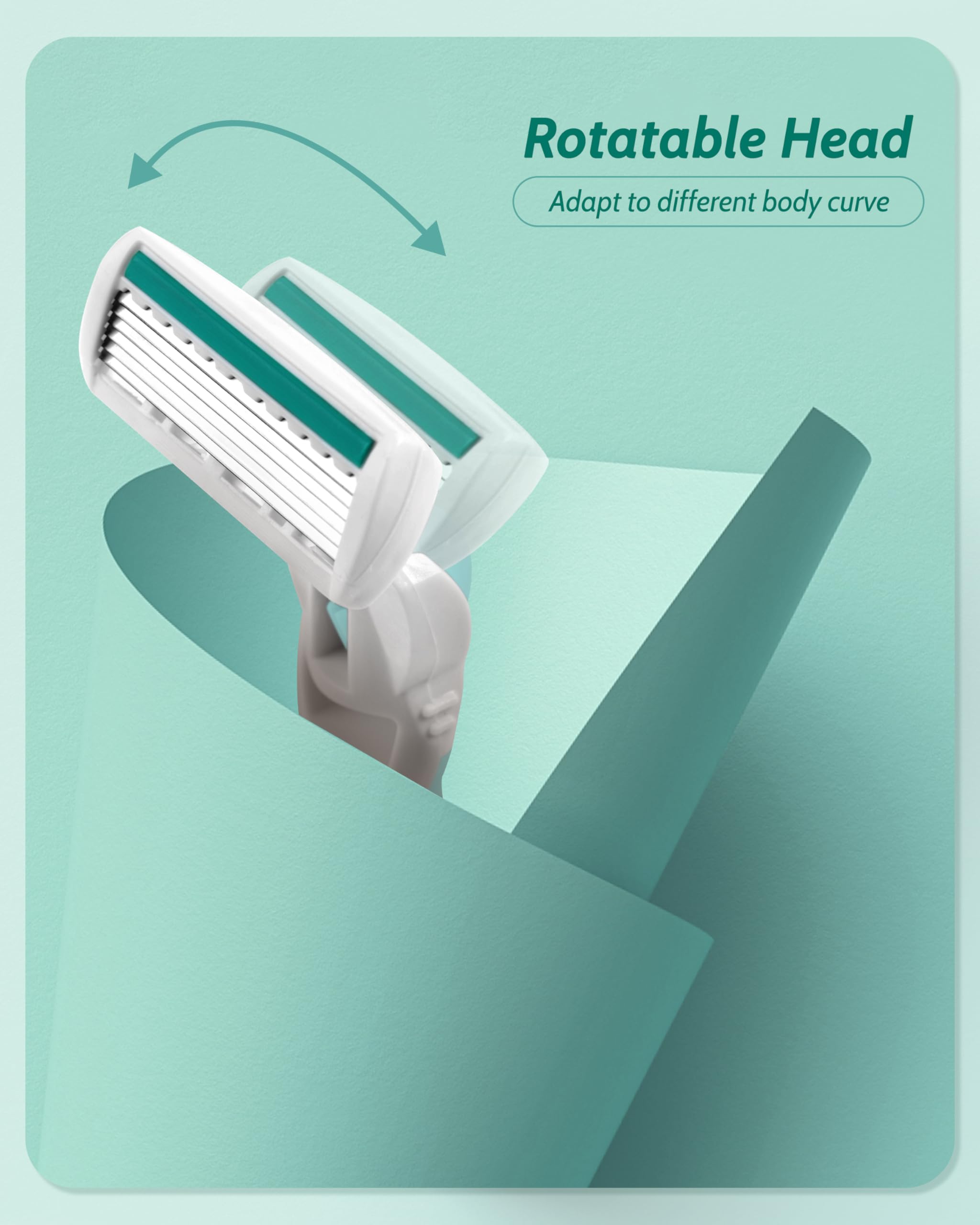 Women's Razor for Sensitive Skin - 6 Blade Shaving Razor with 15 Refills & 2 Travel Razors | Smooth, Irritation-Free Shave for Legs, Underarms & Bikini Line | Green