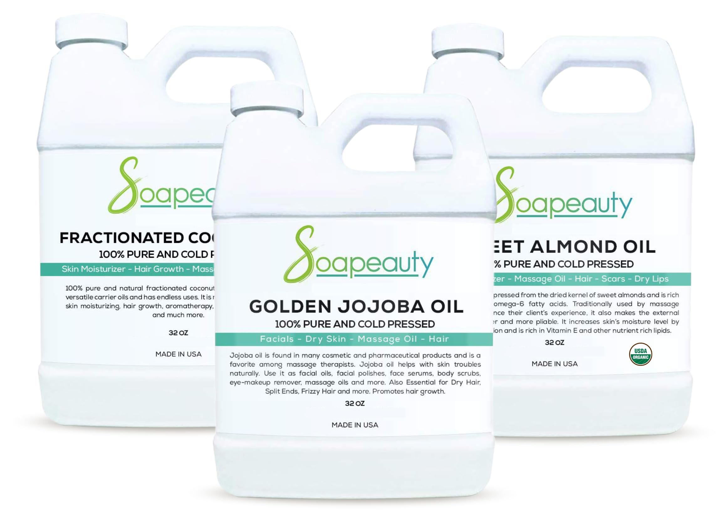 **100% Pure Golden Jojoba Oil, Fractionated Coconut Oil & Organic Sweet Almond Oil Bundle – Natural Carrier for Essential Oils | Moisturizer for Face, Skin, Hair & Body | DIY Beauty & Aromatherapy Projects | Perfect for Massage, Hair Care & Skincare Routines**