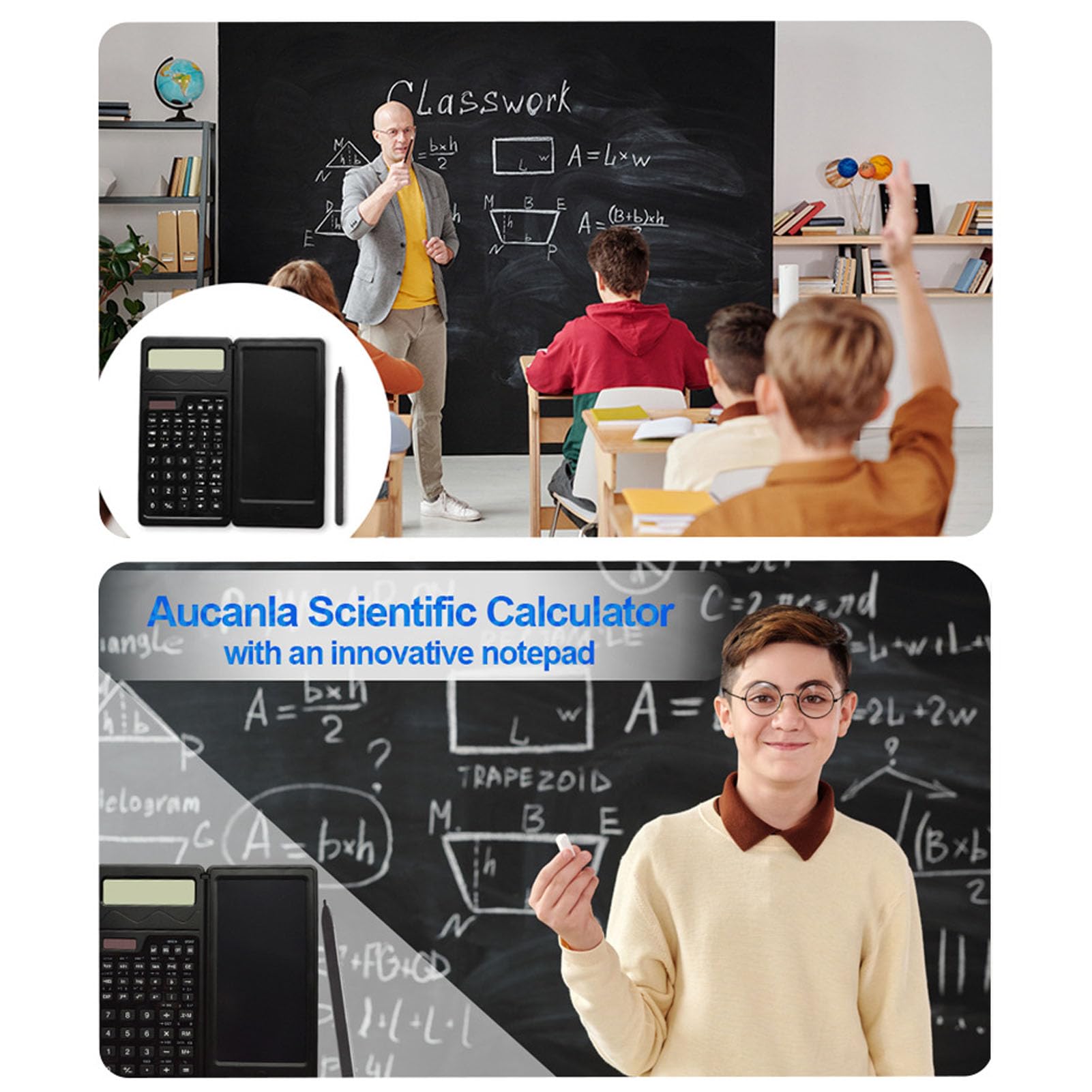 Solar Powered LCD Writing Tablet with Calculator - Foldable Handwriting Board for Students, Office & Home Use (Dual Power: Solar & Battery) - Perfect for Math, Notes & Sketches