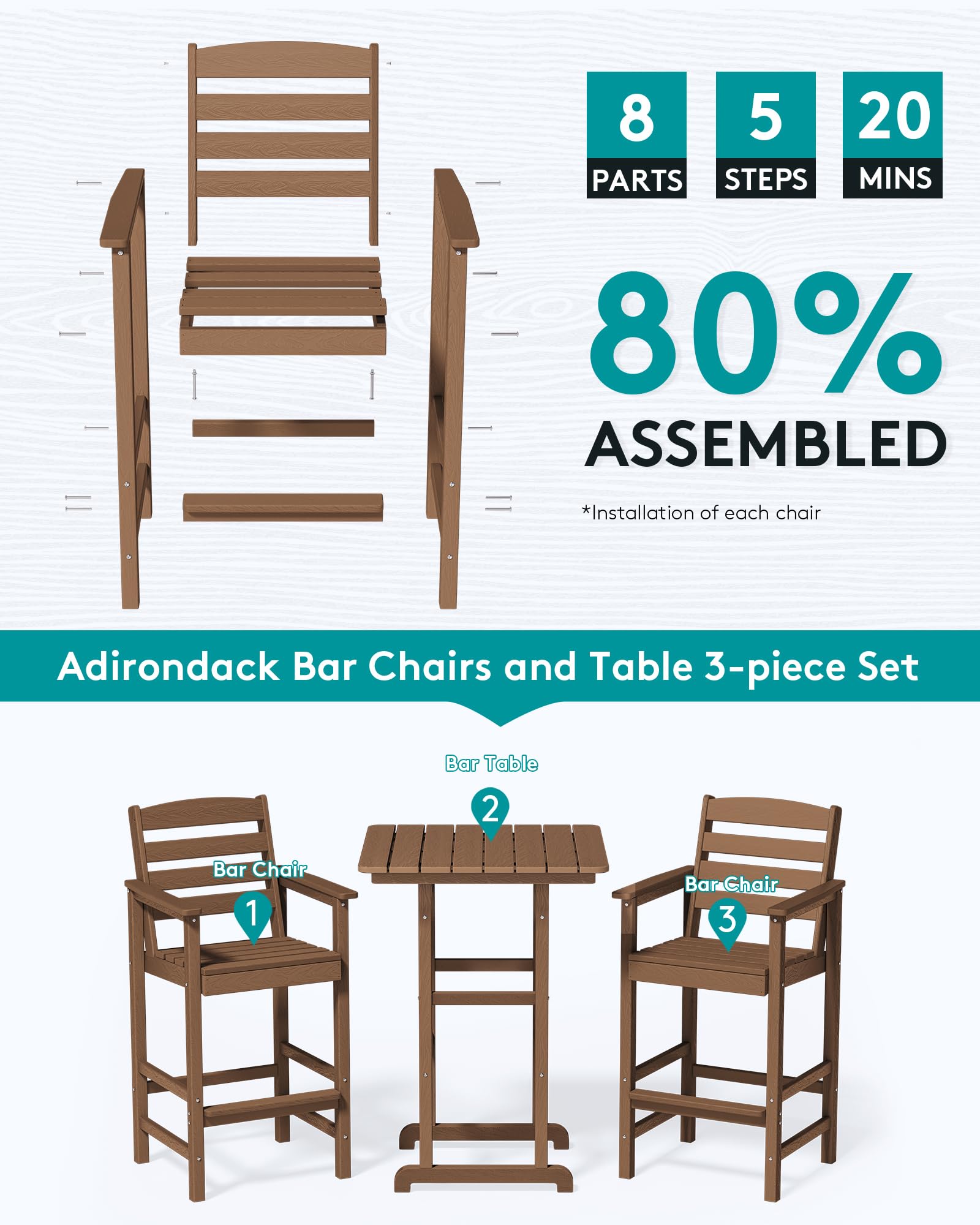 SERWALL 3-Piece Outdoor Bar Set - Adirondack Bar Height Chairs (Set of 2) & Matching Table - Brown Patio Furniture for Balcony, Bistro, Poolside & Backyard - Perfect for Relaxing, Entertaining & Outdoor Dining