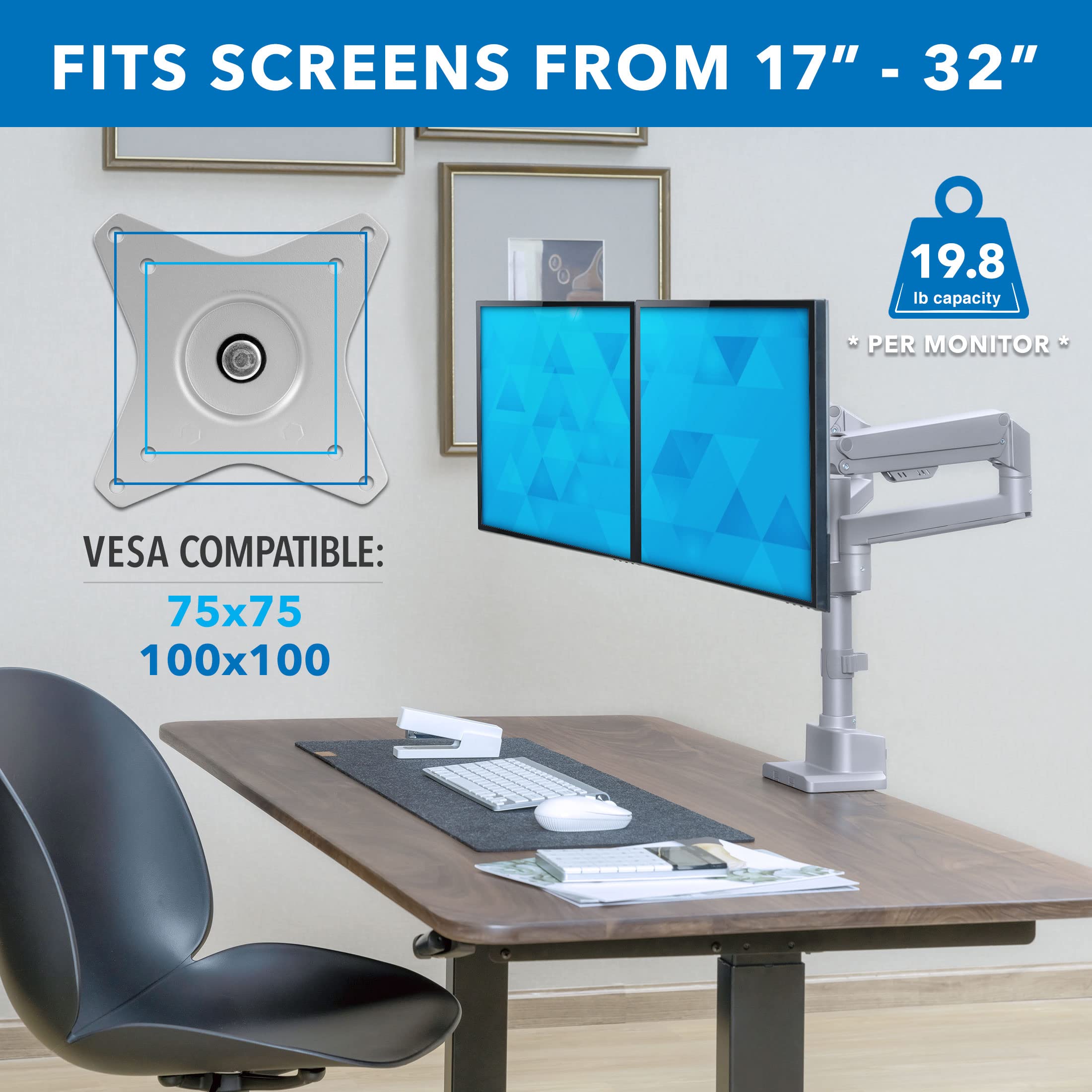 Mount-It! Dual Monitor Stand for 2 Screens - Adjustable Gas Spring Desk Mount with VESA 75/100 Compatibility, Fits 32