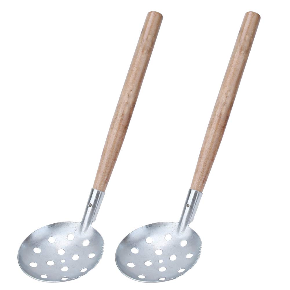 Premium Silver Wooden Handle Iron Ice Fishing Skimmer with Teeth - Quick Water Drainage Scoop for Winter Fishing (2-Pack) | Durable Portable Ice Fishing Accessories for Lakes & Outdoor Adventures