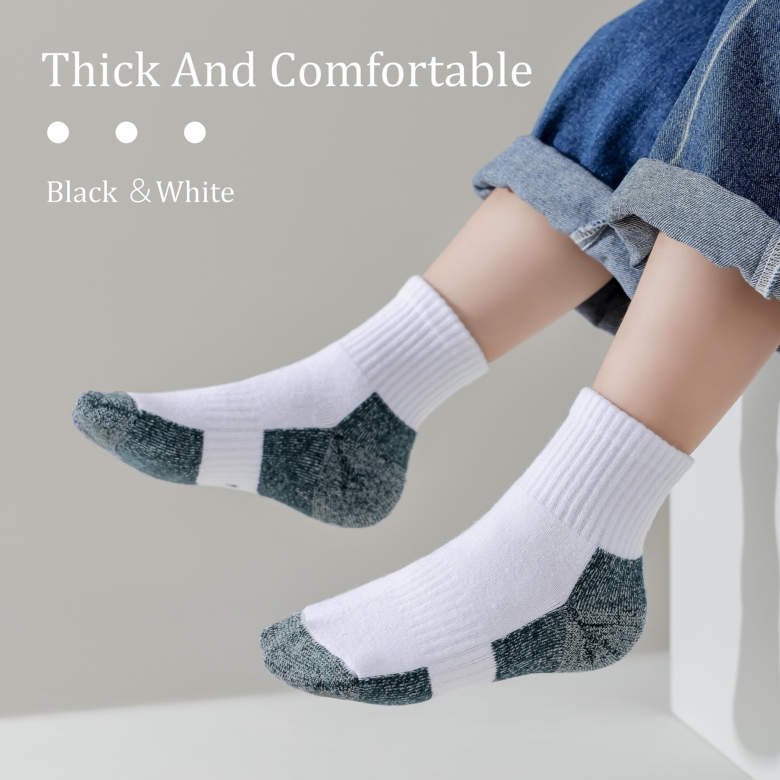 Marchare Boys & Girls Athletic Running Socks - 6 Pack Cushioned Crew Socks for Kids, Thick Cotton Sports Socks in Black/White/Grey - Perfect for School, Sports & Daily Activities