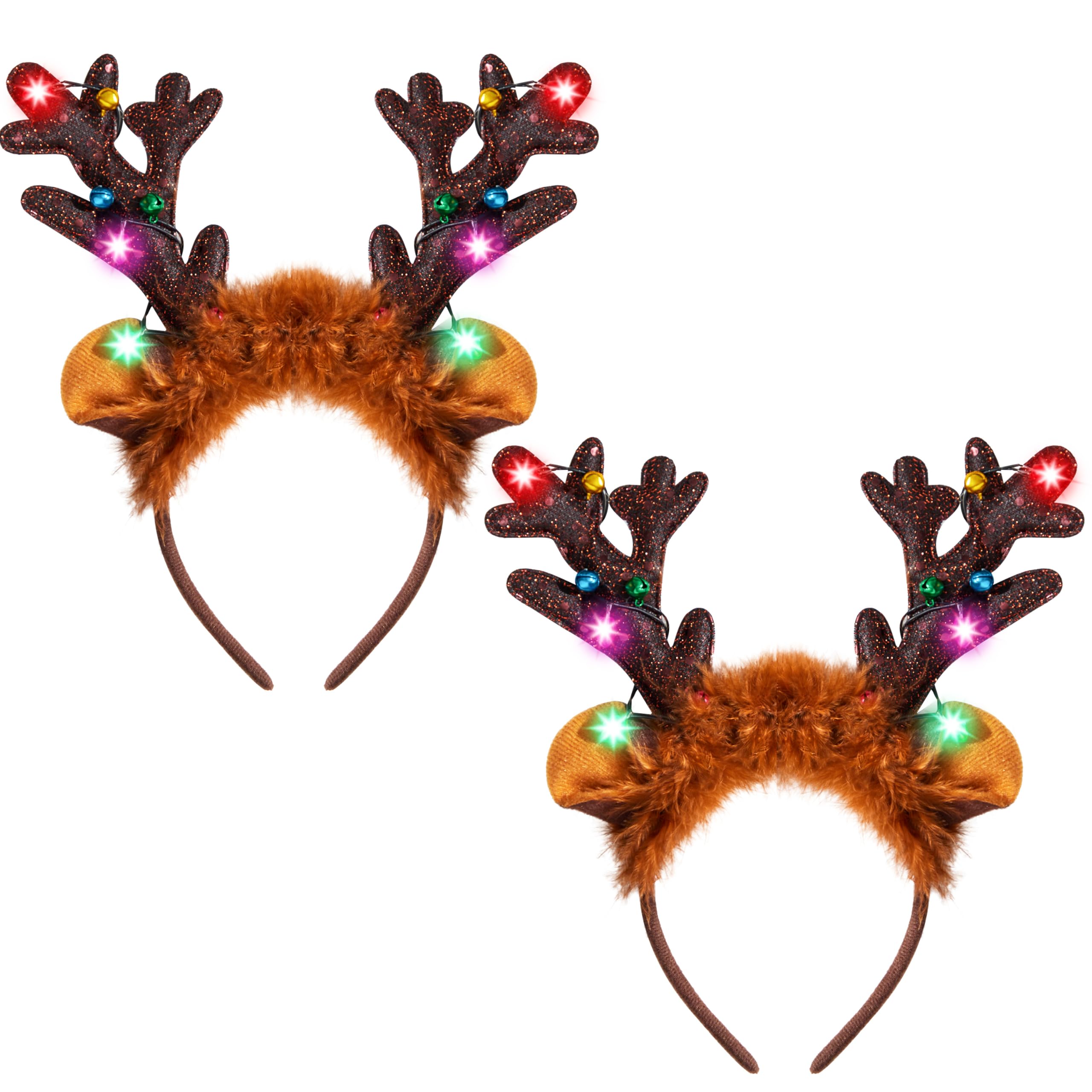 JOYIN 2PCS Light-Up LED Reindeer Headband Antlers - Christmas Party Favors, Holiday Costume Accessories for Women, Men, Kids (One Size Fits All) - Perfect for Xmas Parties, Family Gatherings & Festive Photo Booths