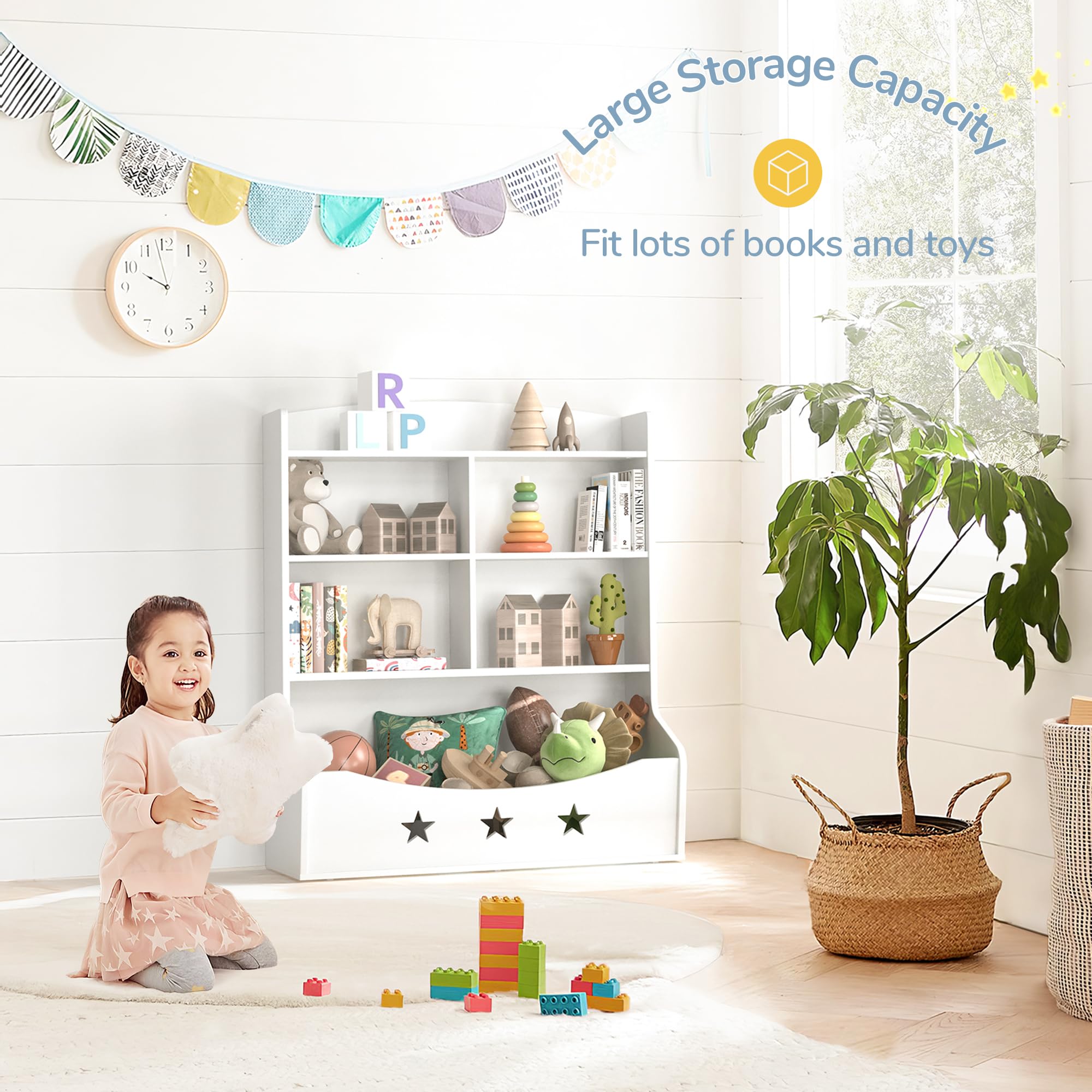 Kids Wooden Bookshelf - 3.5-Tier Bookcase with 5 Cube Storage & Star Pattern | Nursery, Playroom & Bedroom Organizer for Toys & Books | Durable White Toy Storage Cabinet for Kids' Room Decor & Learning Space