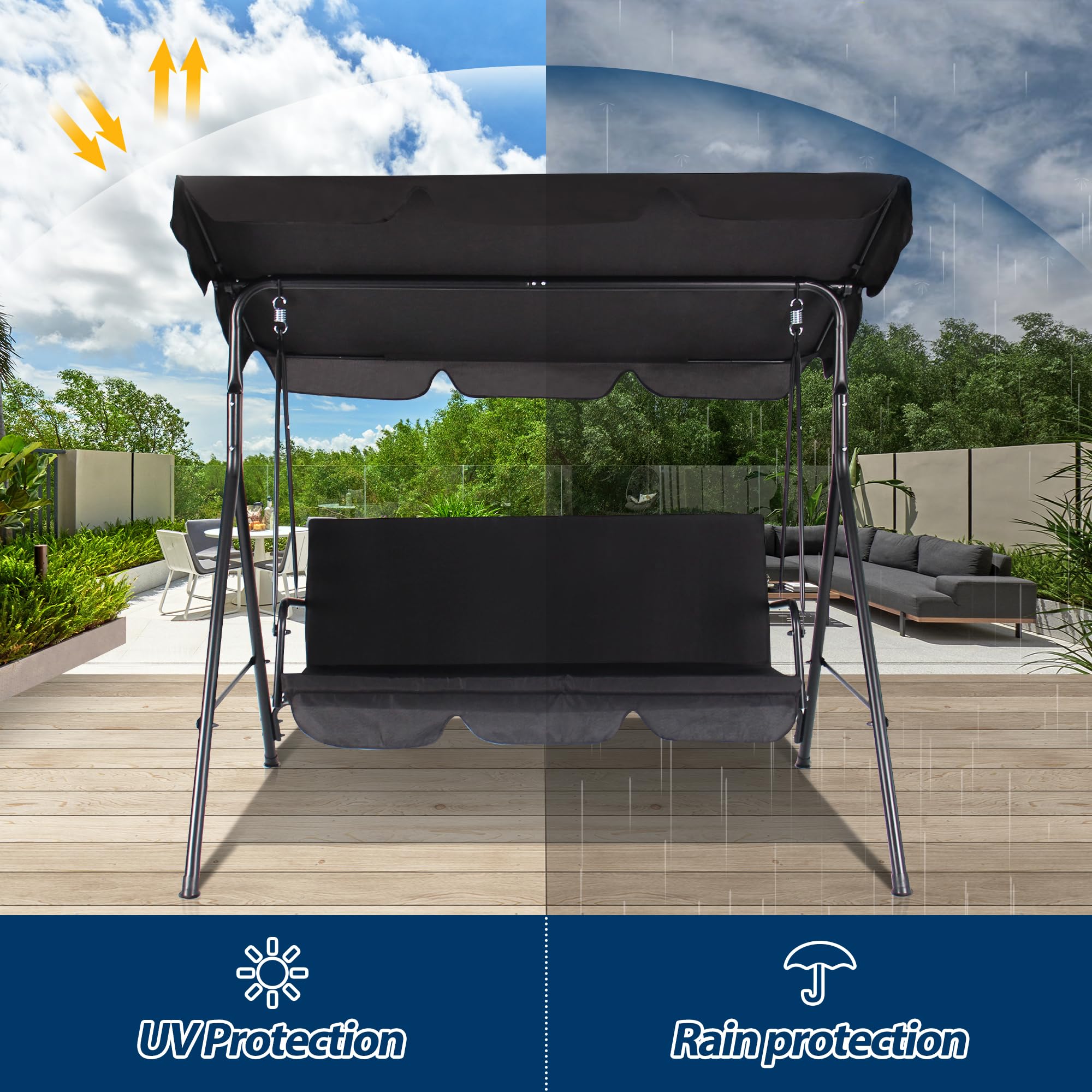 COVERONICS 3-Seat Outdoor Porch Swing Chair with Adjustable Canopy - Durable Metal Frame Patio Swing with Removable Cushions - Perfect for Backyard, Garden, Terrace & Lawn Relaxation (Black)